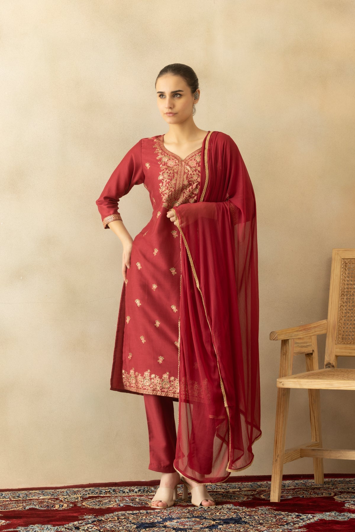 Dark Pink Printed Kurta 3 Pcs Set