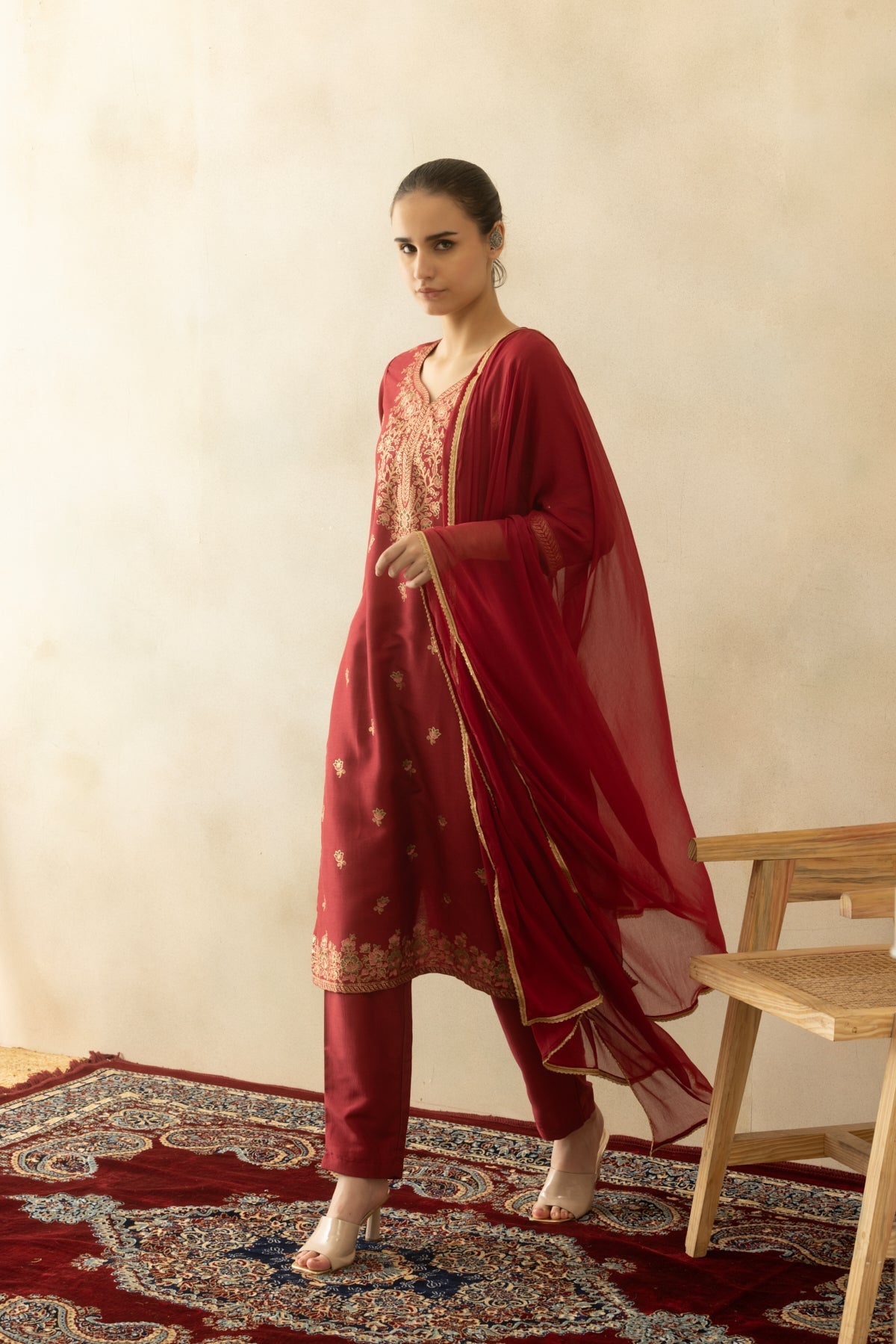 Dark Pink Printed Kurta 3 Pcs Set