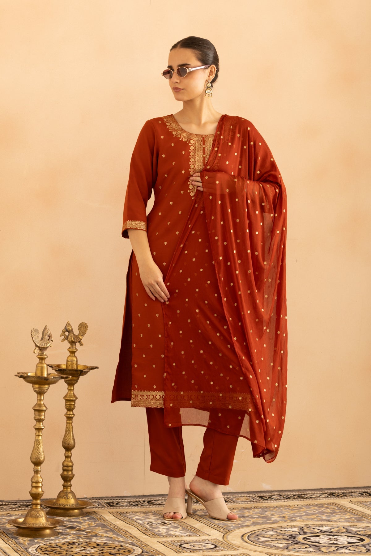 Rust Printed Kurta 3 Pcs Set