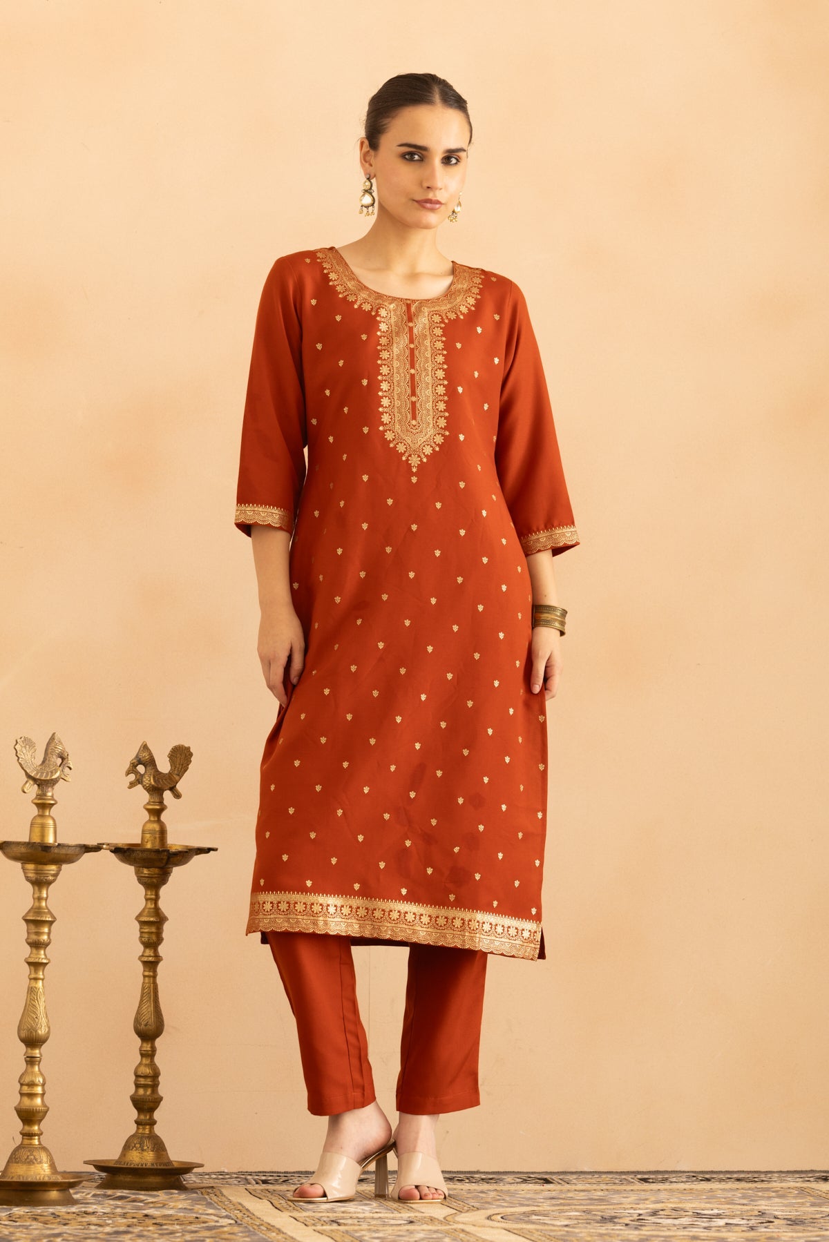 Rust Printed Kurta 3 Pcs Set
