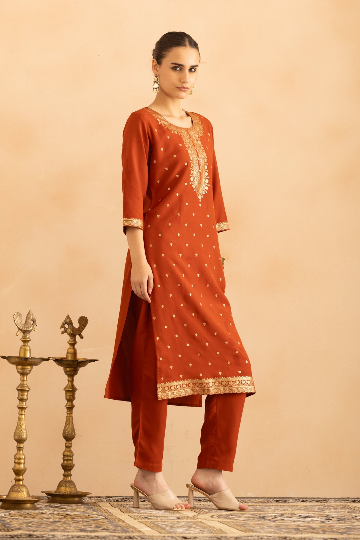 Rust Printed Kurta 3 Pcs Set