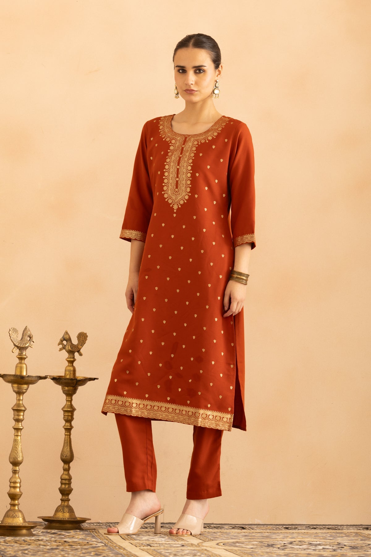 Rust Printed Kurta 3 Pcs Set