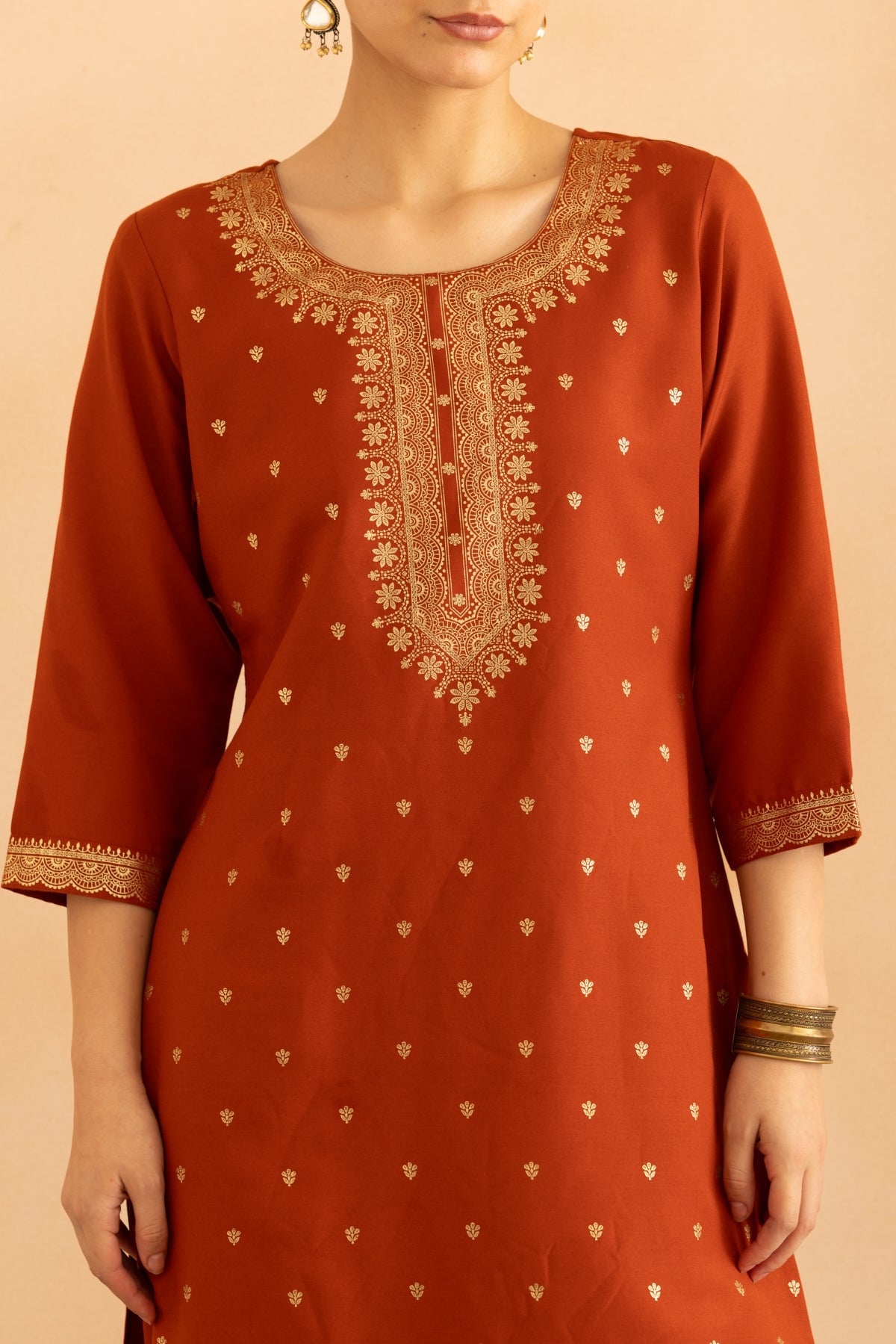 Rust Printed Kurta 3 Pcs Set