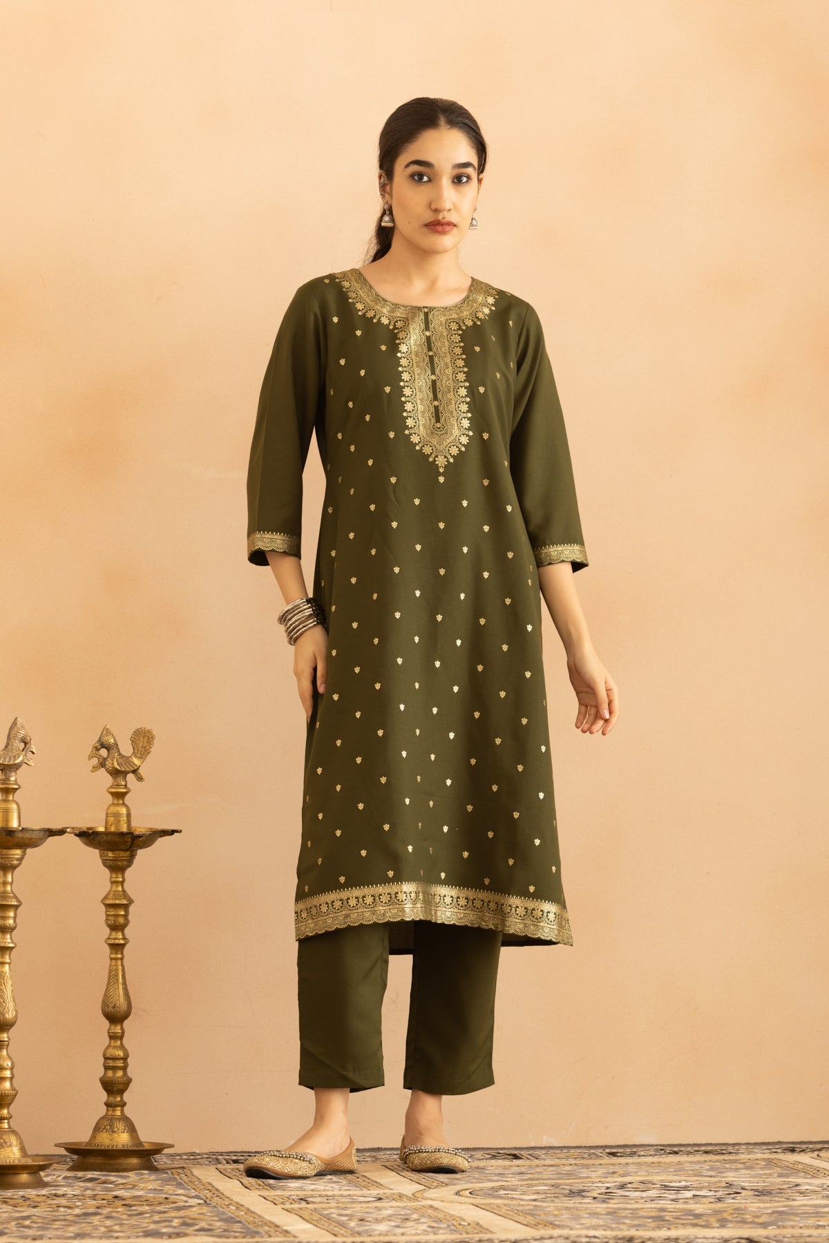 Green Printed Kurta 3 Pcs Set