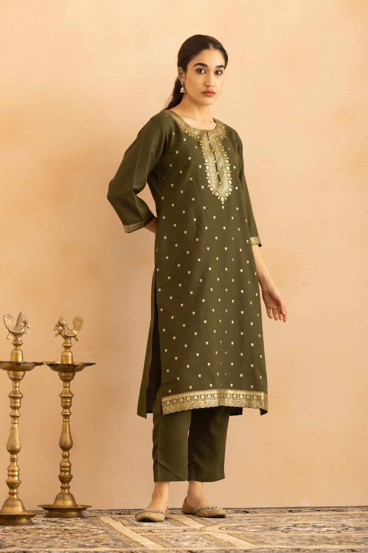 Green Printed Kurta 3 Pcs Set