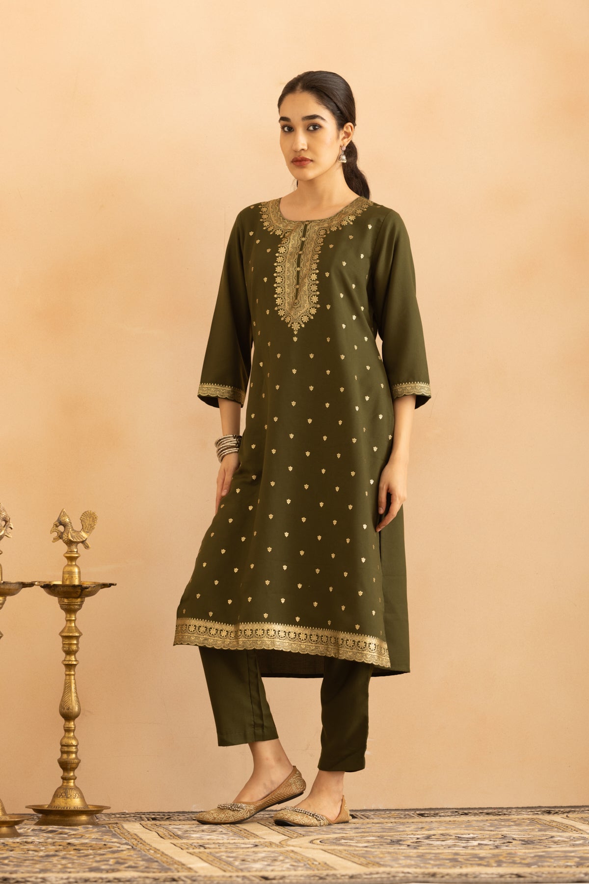 Green Printed Kurta 3 Pcs Set
