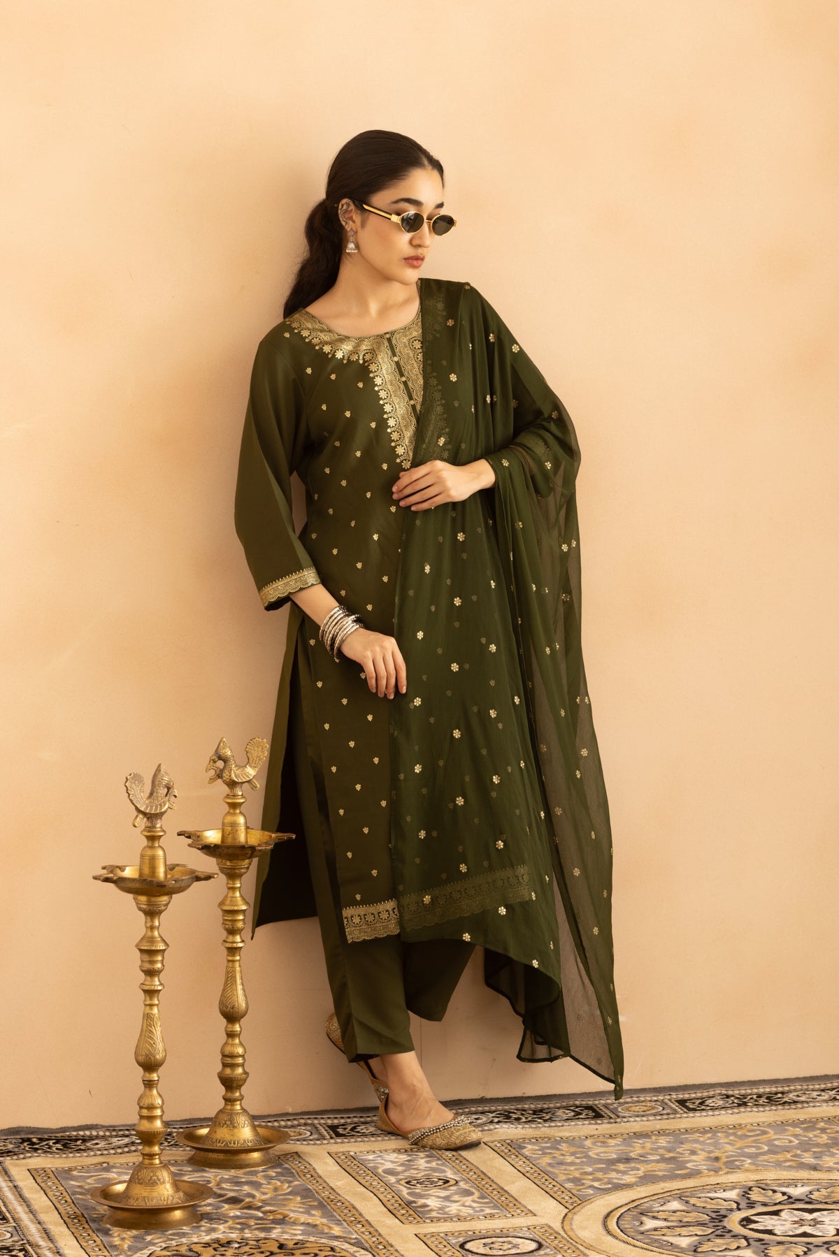 Green Printed Kurta 3 Pcs Set