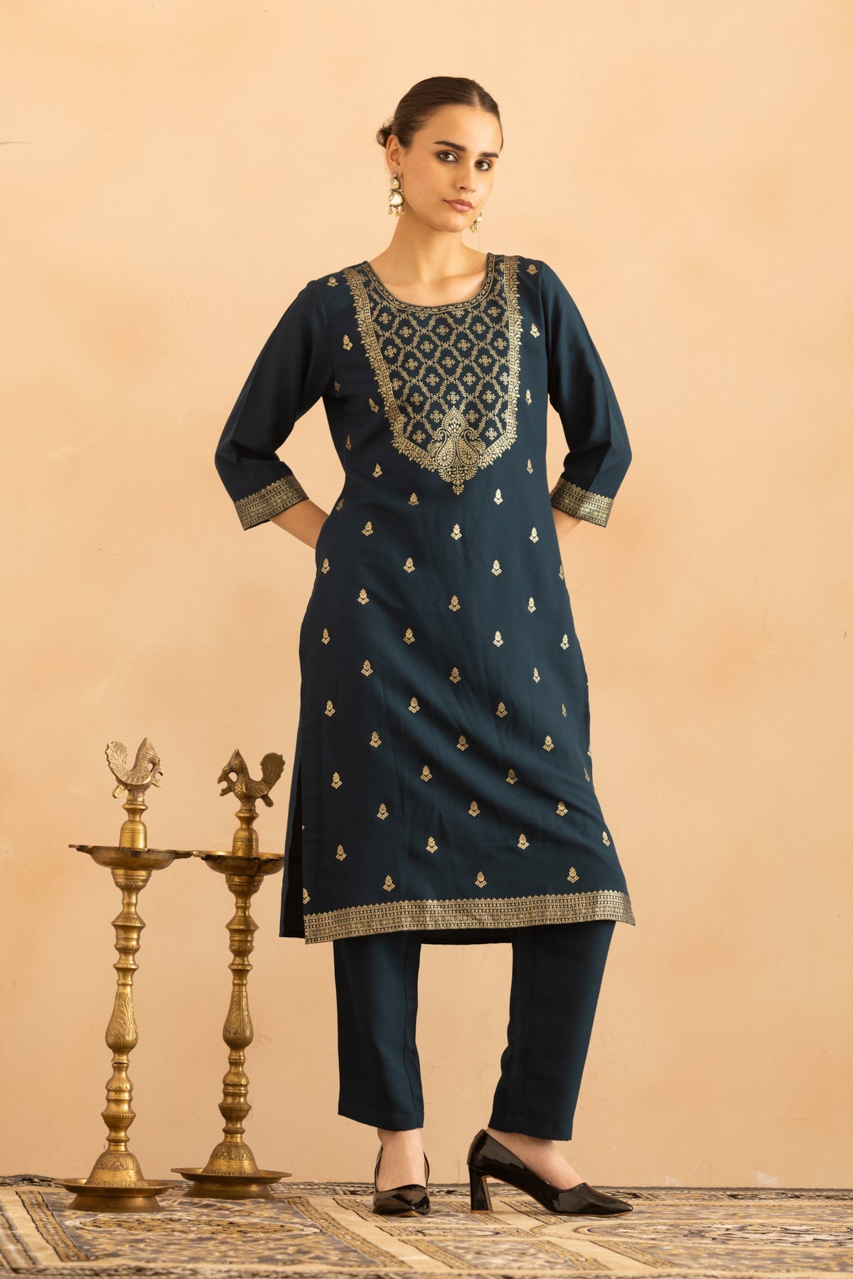 Teal Printed Kurta 3 Pcs Set