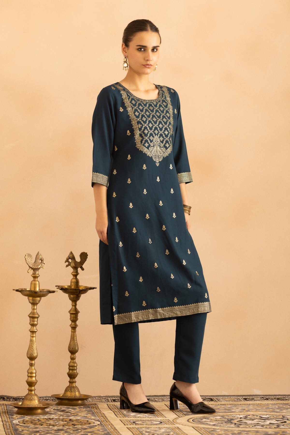 Teal Printed Kurta 3 Pcs Set