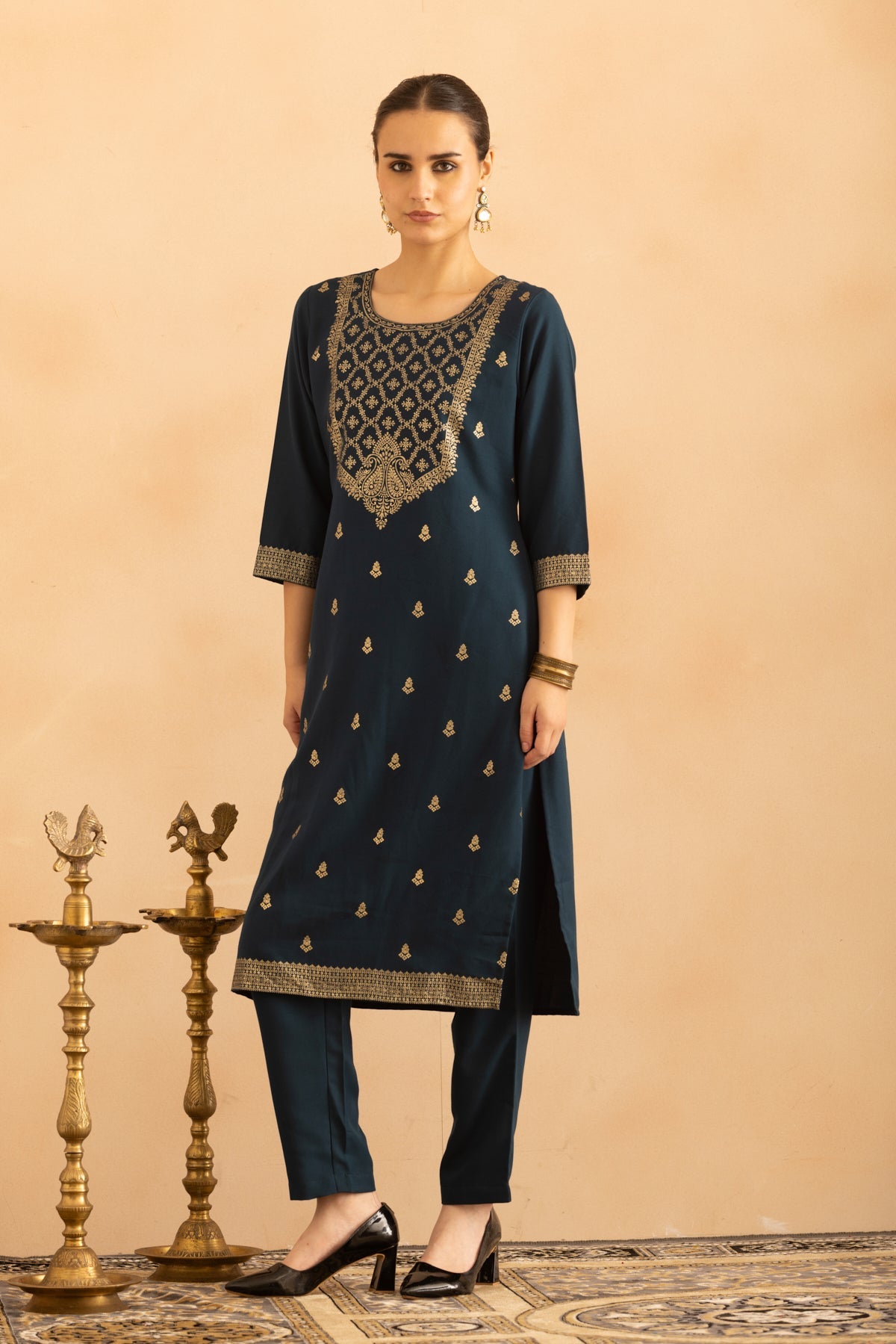 Teal Printed Kurta 3 Pcs Set
