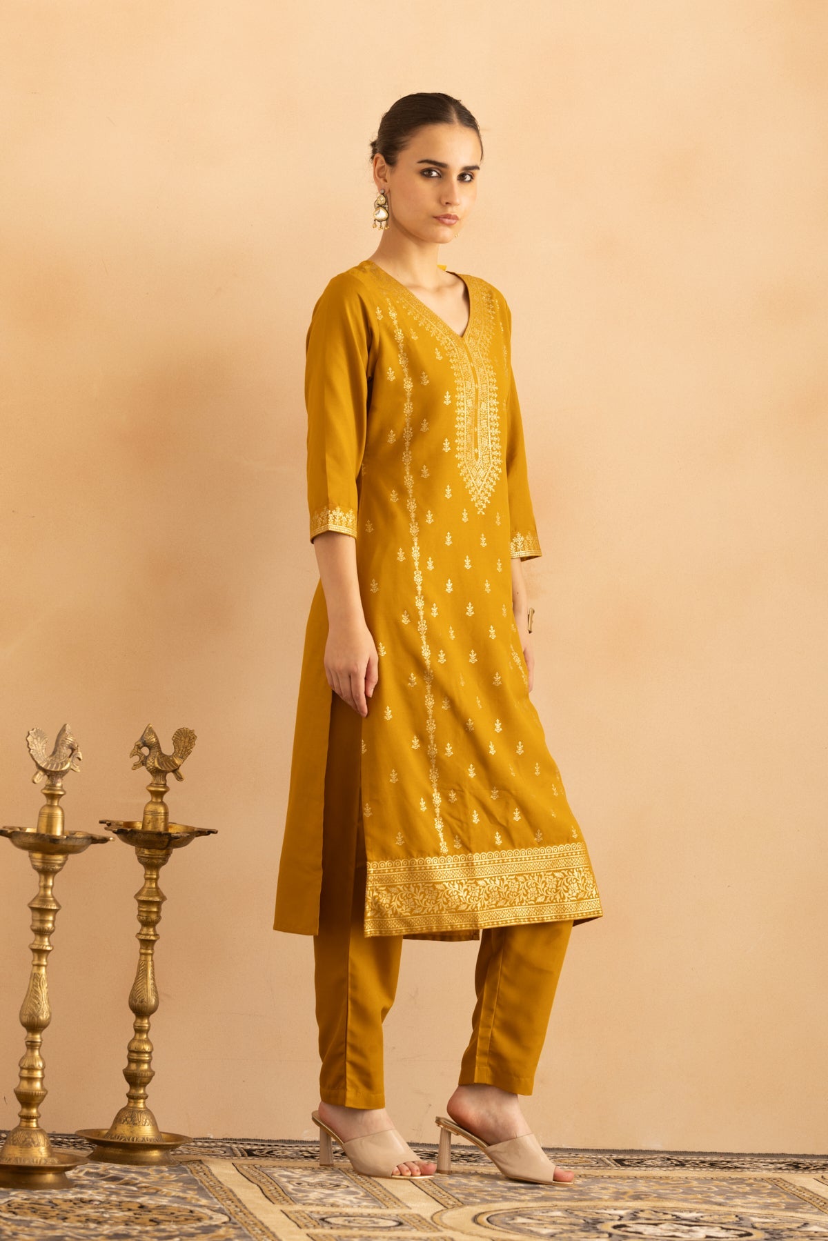Mustard Printed Kurta 3 Pcs Set