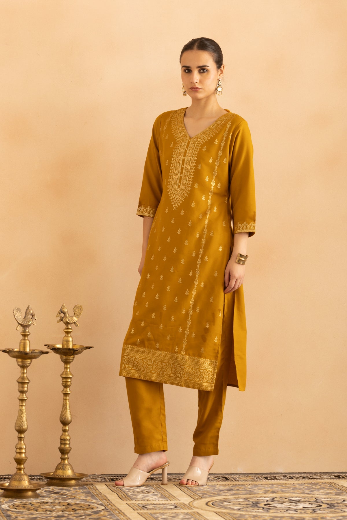 Mustard Printed Kurta 3 Pcs Set