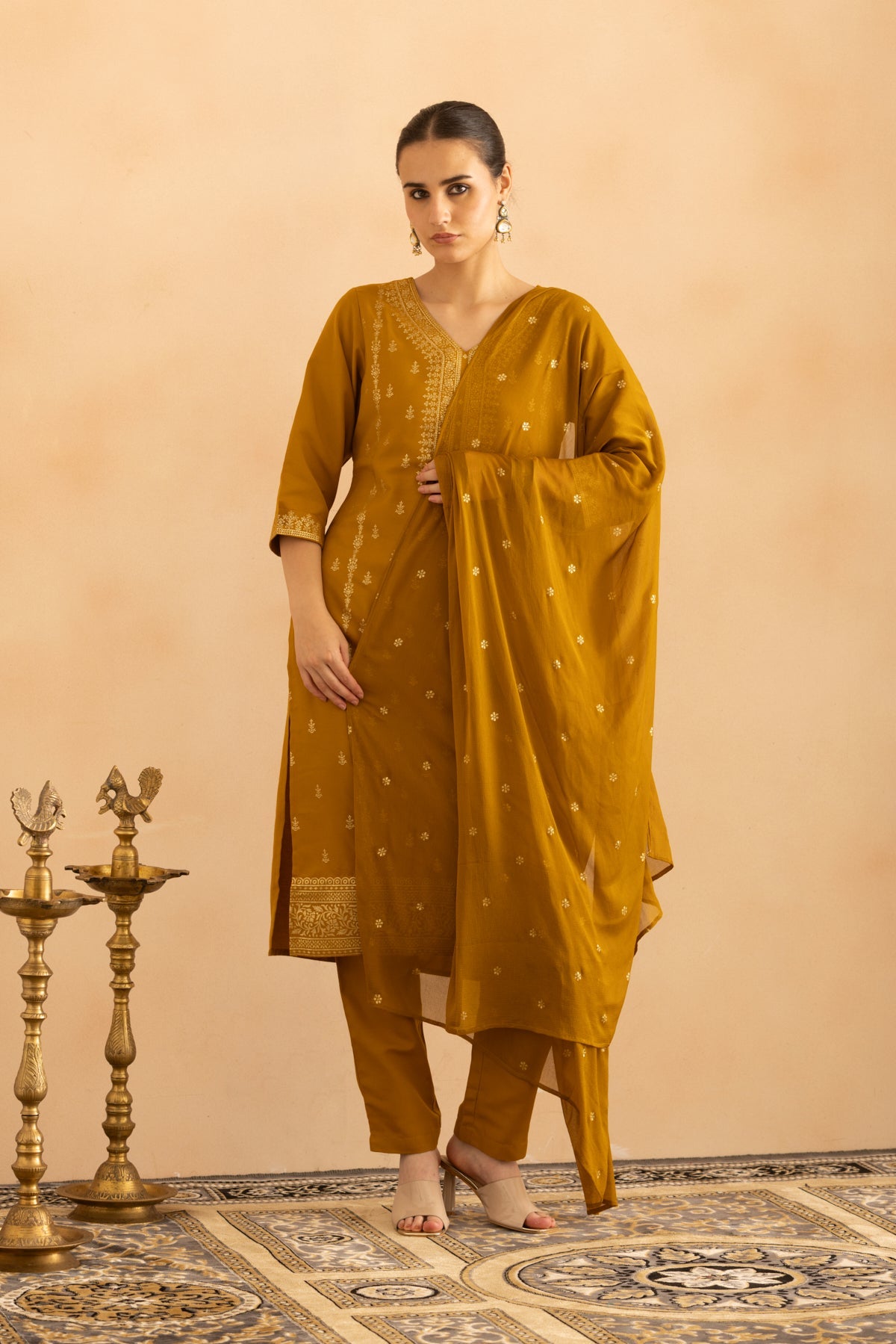 Mustard Printed Kurta 3 Pcs Set