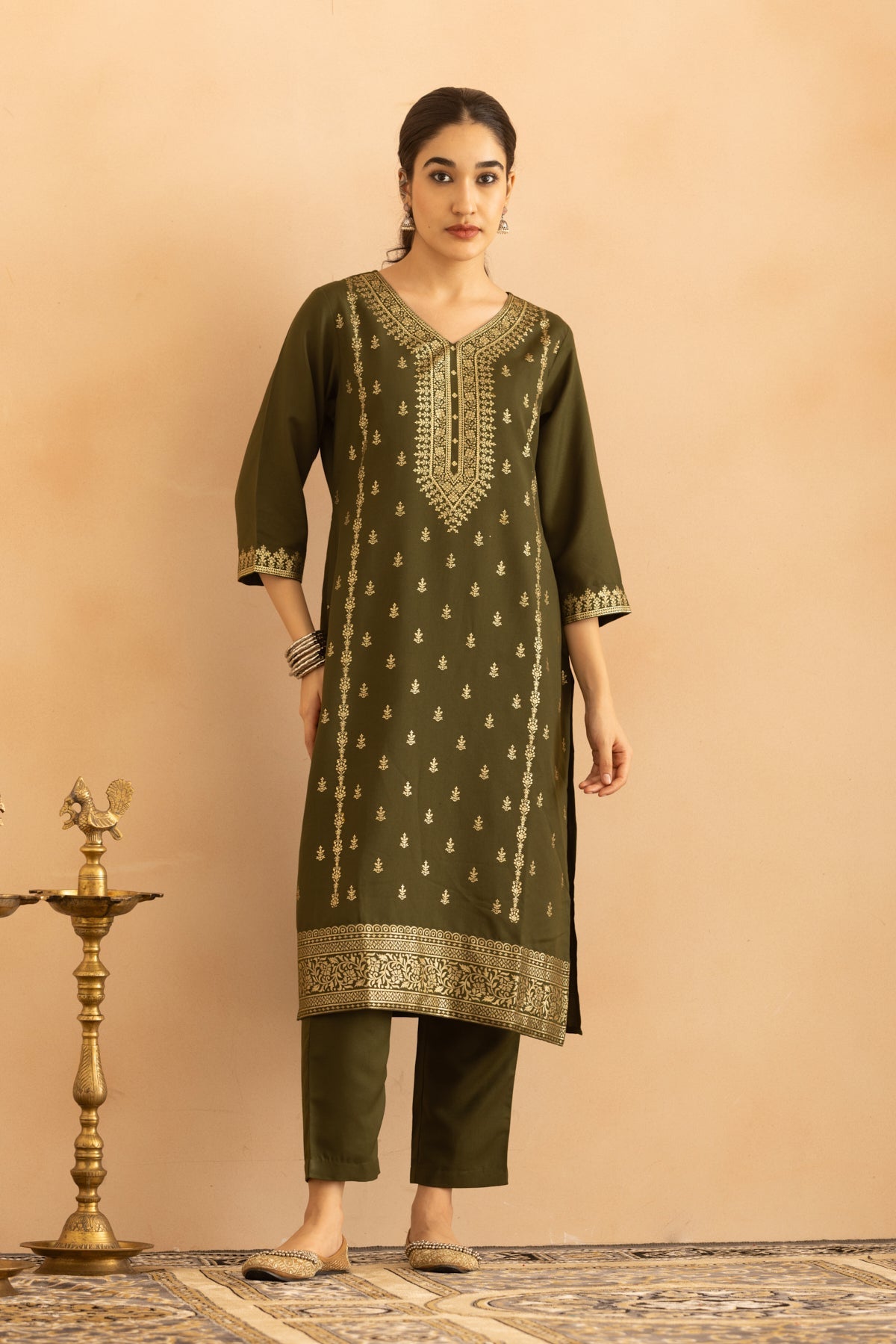 Green Printed Kurta 3 Pcs Set