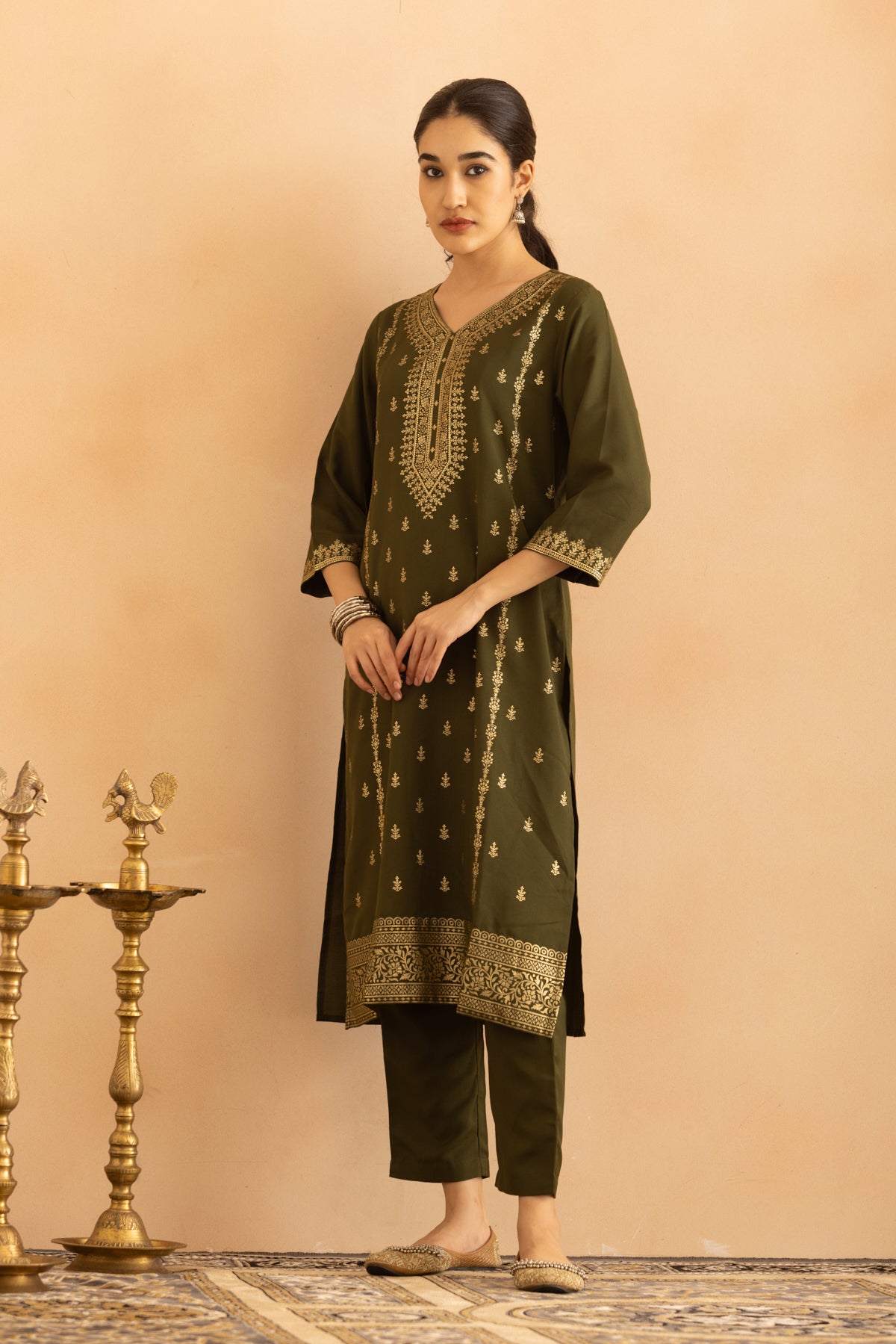 Green Printed Kurta 3 Pcs Set
