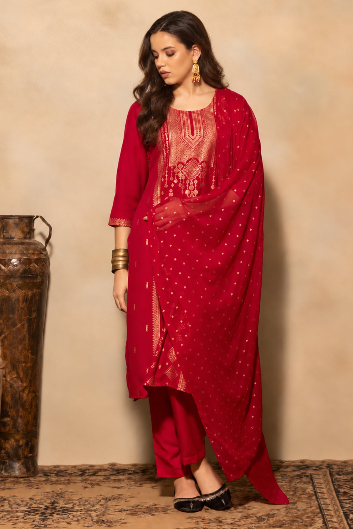 Dark Pink Printed Kurta 3 Pcs Set
