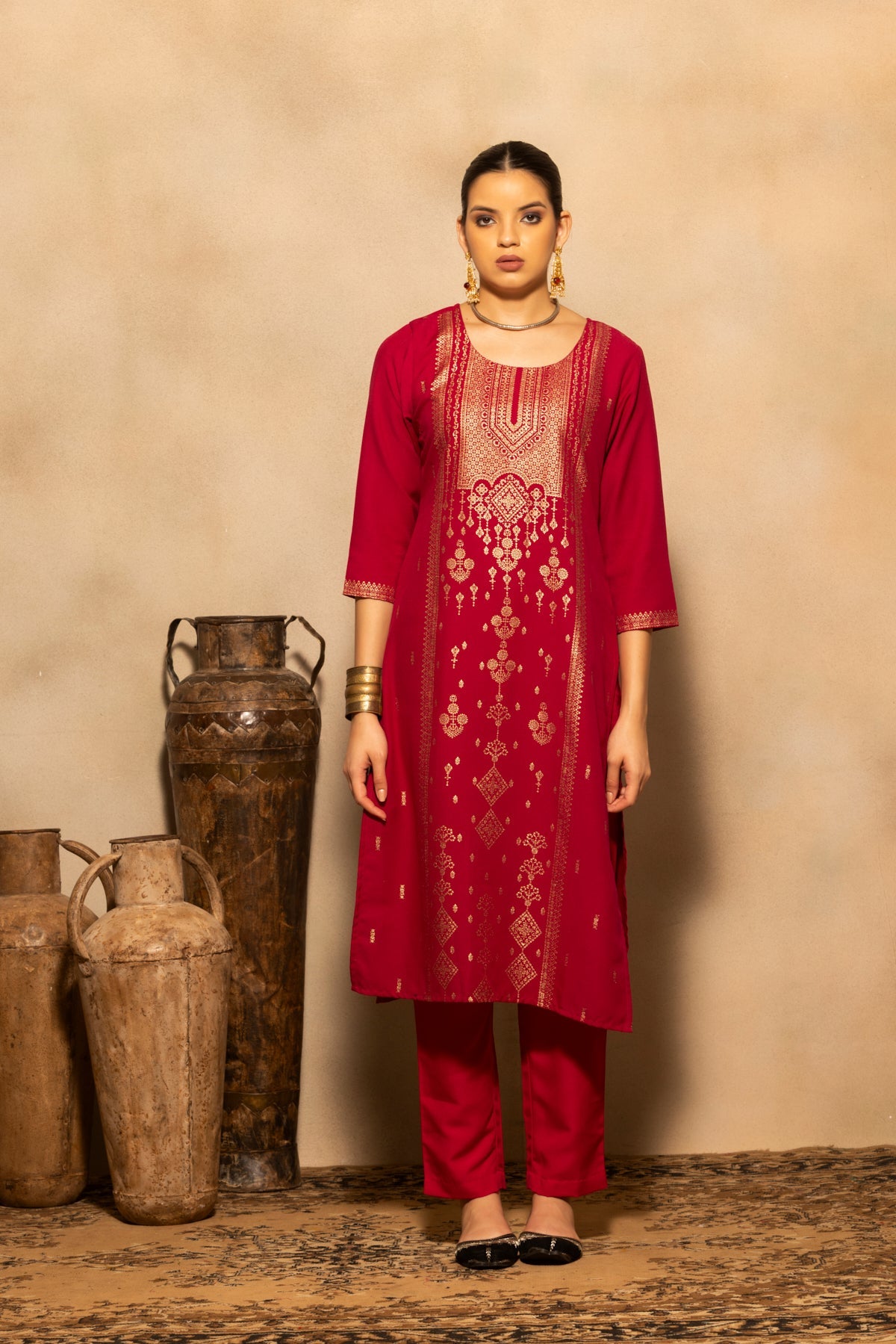 Dark Pink Printed Kurta 3 Pcs Set