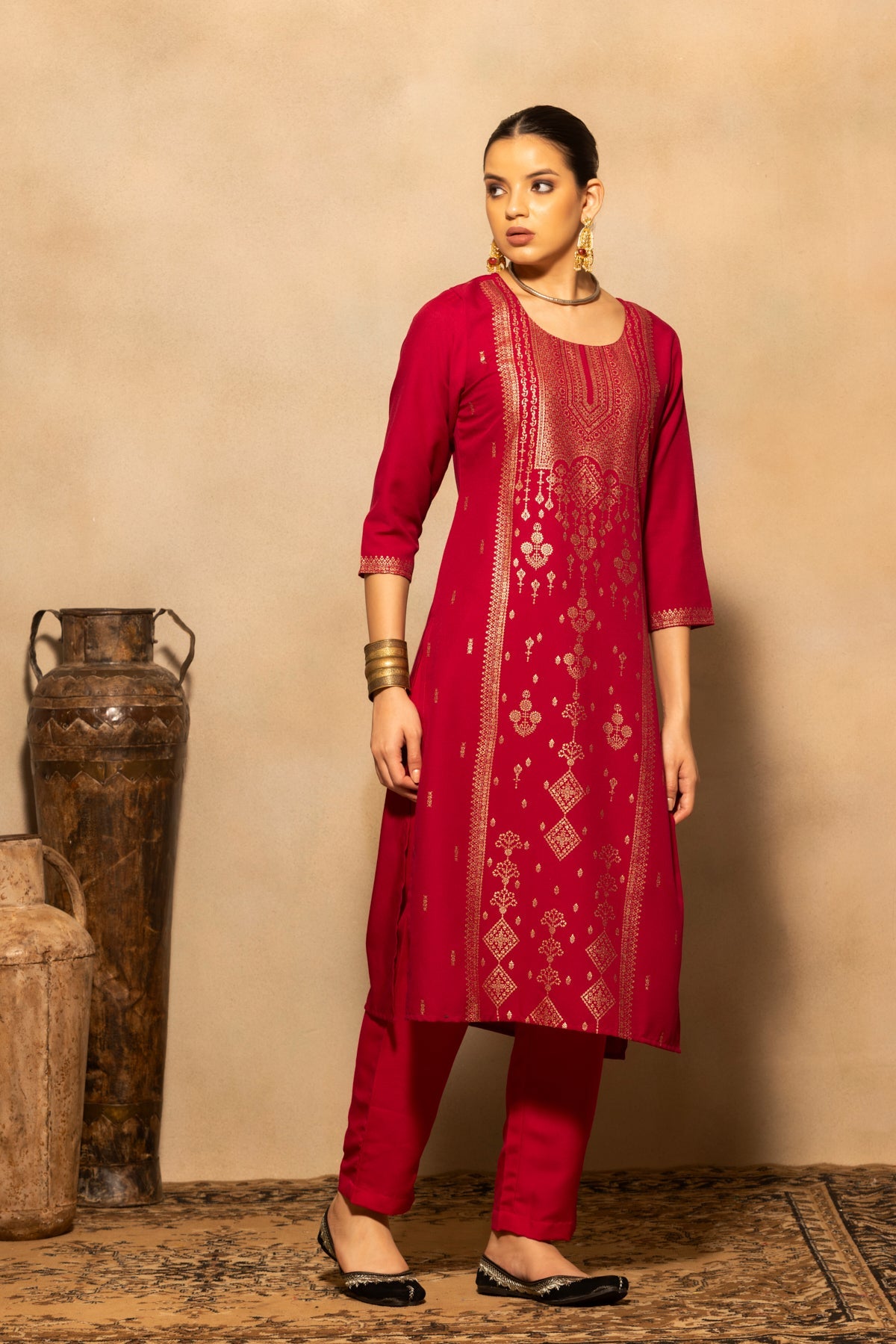 Dark Pink Printed Kurta 3 Pcs Set