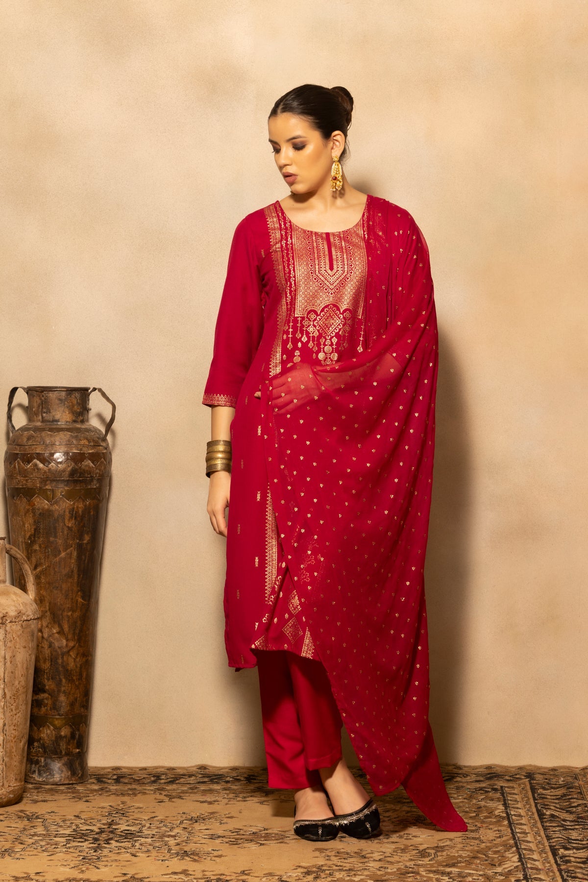 Dark Pink Printed Kurta 3 Pcs Set