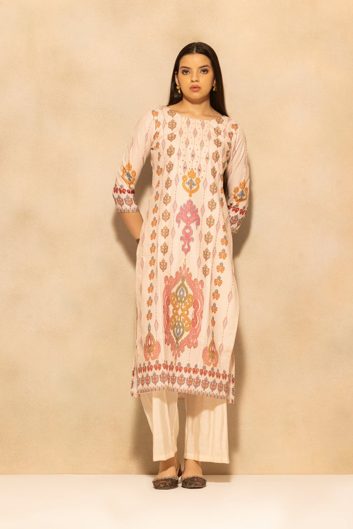 Beige Printed Kurta 3 Pcs Set
