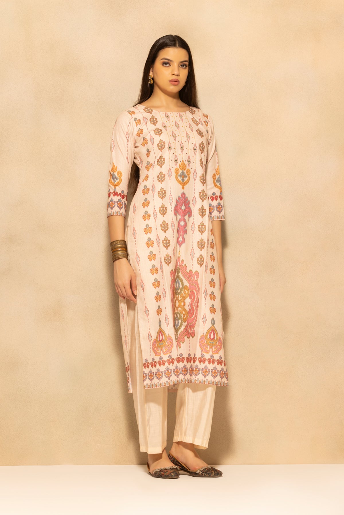 Beige Printed Kurta 3 Pcs Set