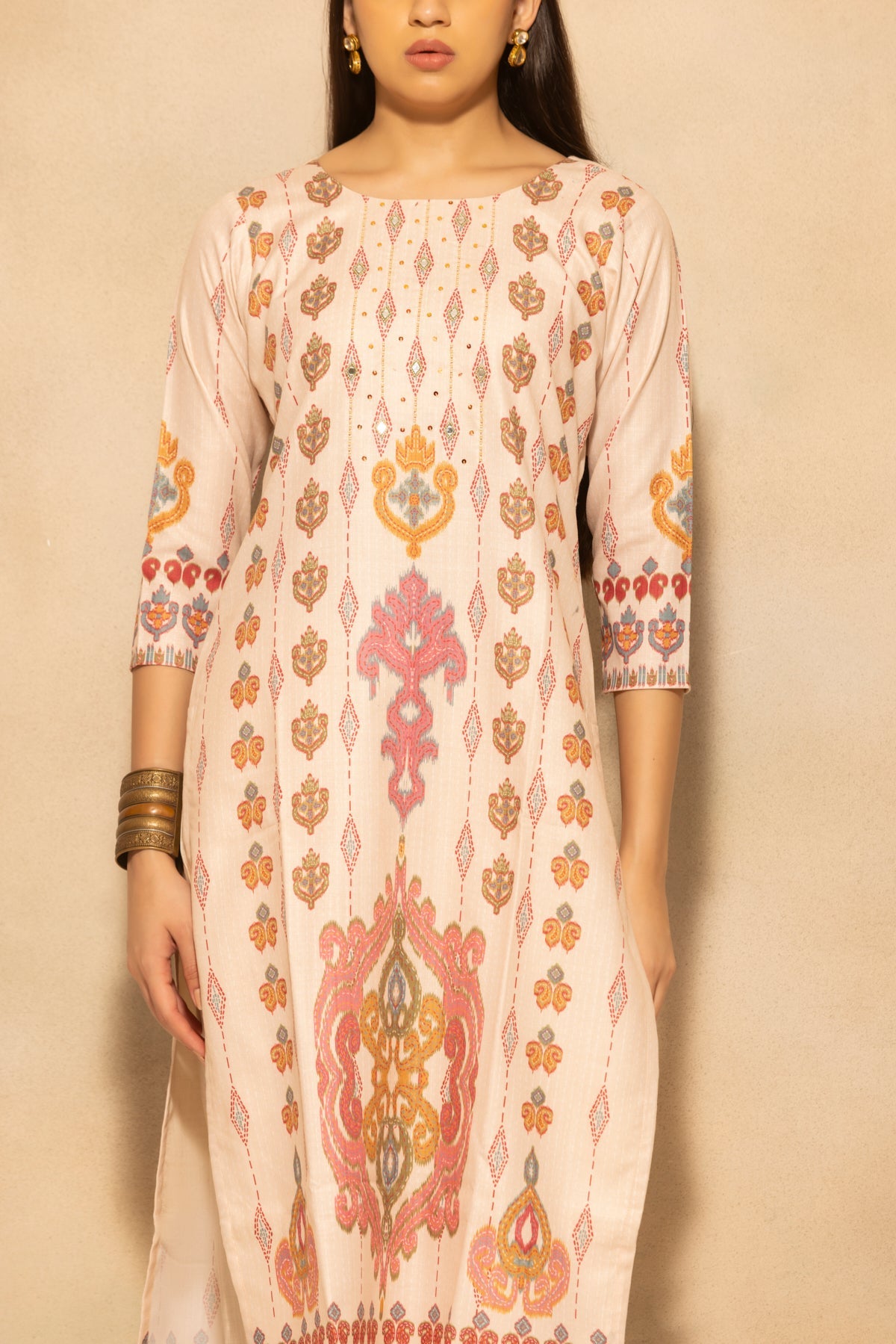 Beige Printed Kurta 3 Pcs Set