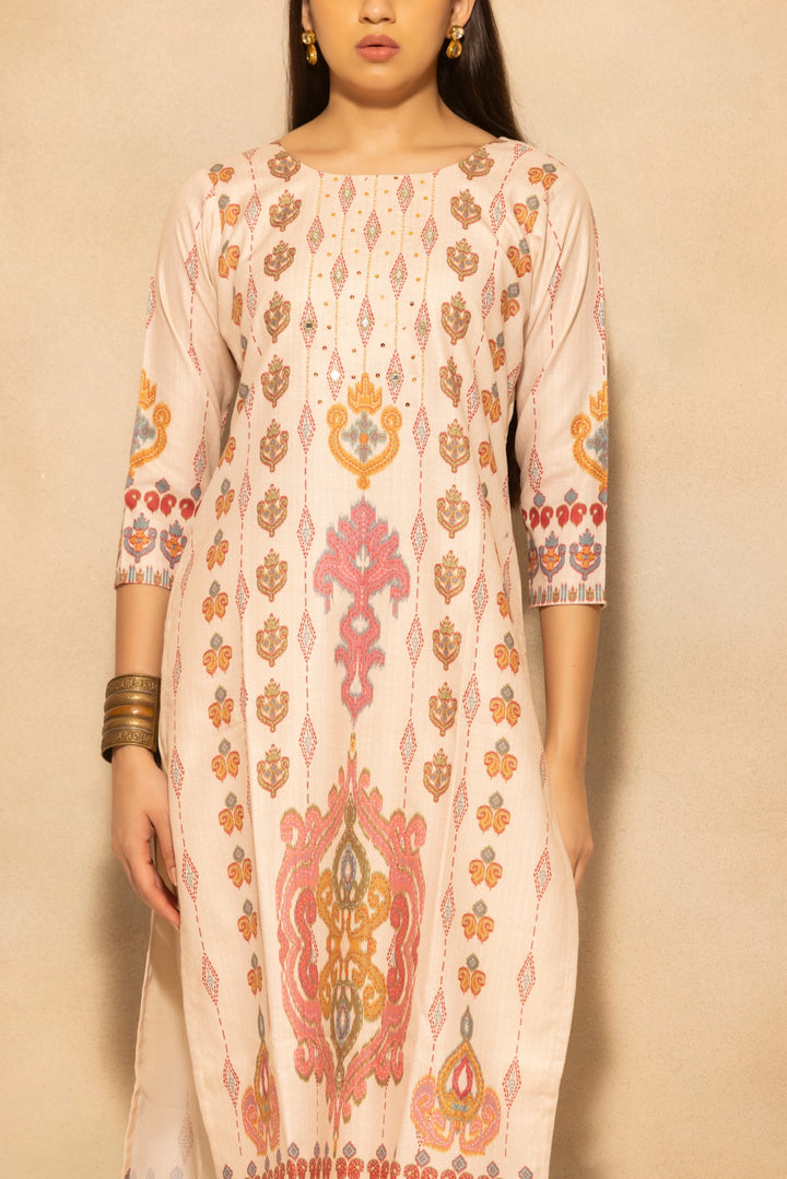 Beige Printed Kurta 3 Pcs Set