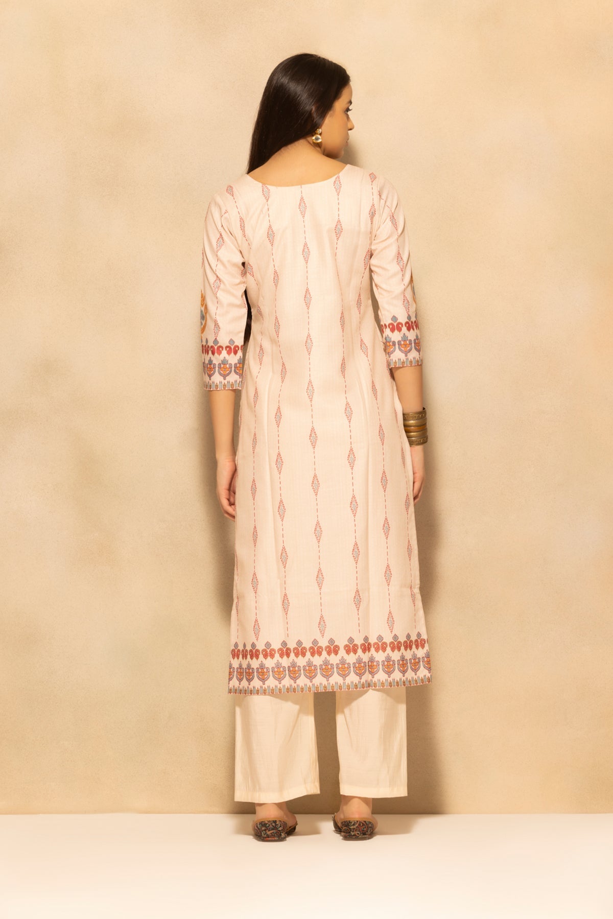 Beige Printed Kurta 3 Pcs Set
