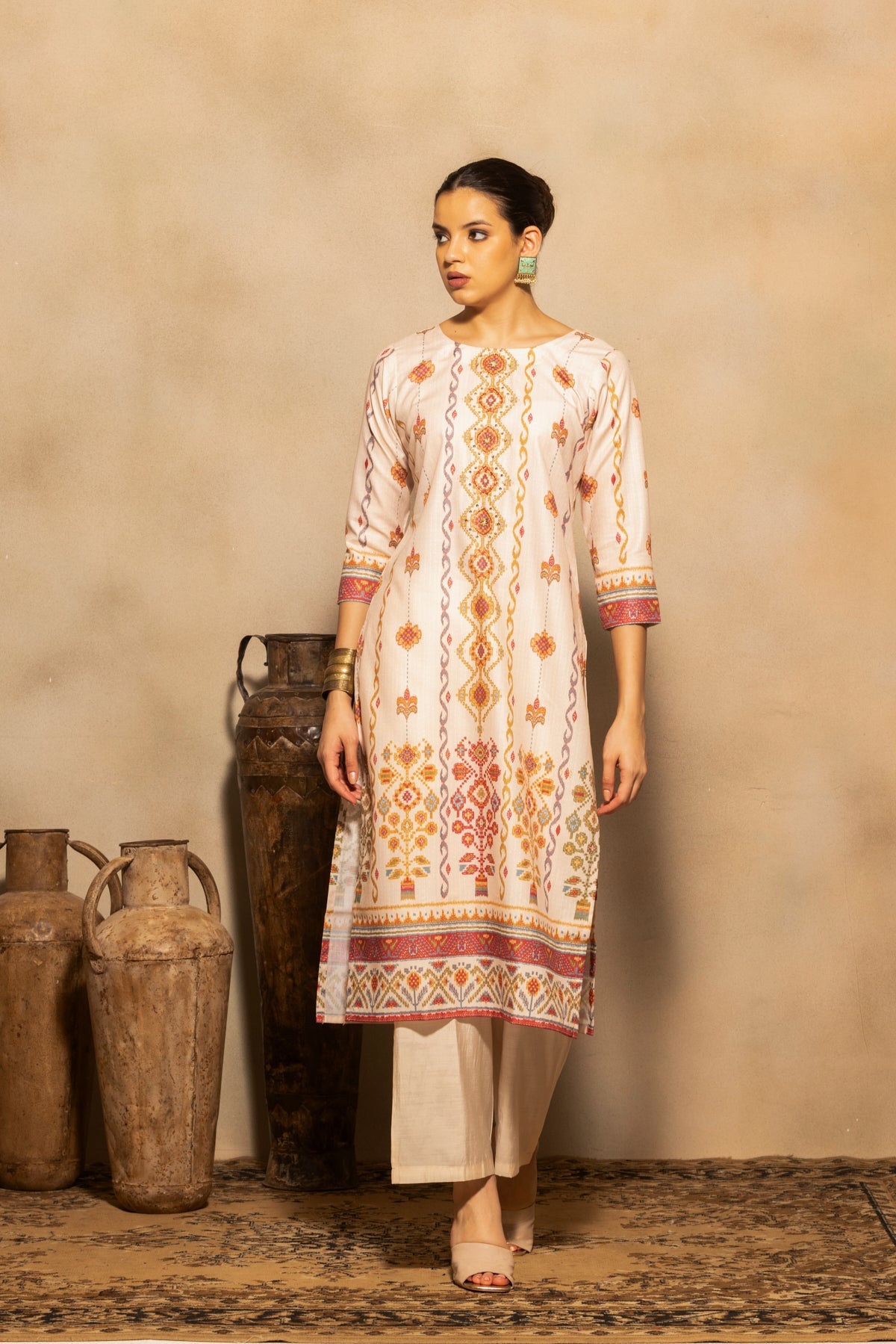 Beige Printed Kurta 3 Pcs Set