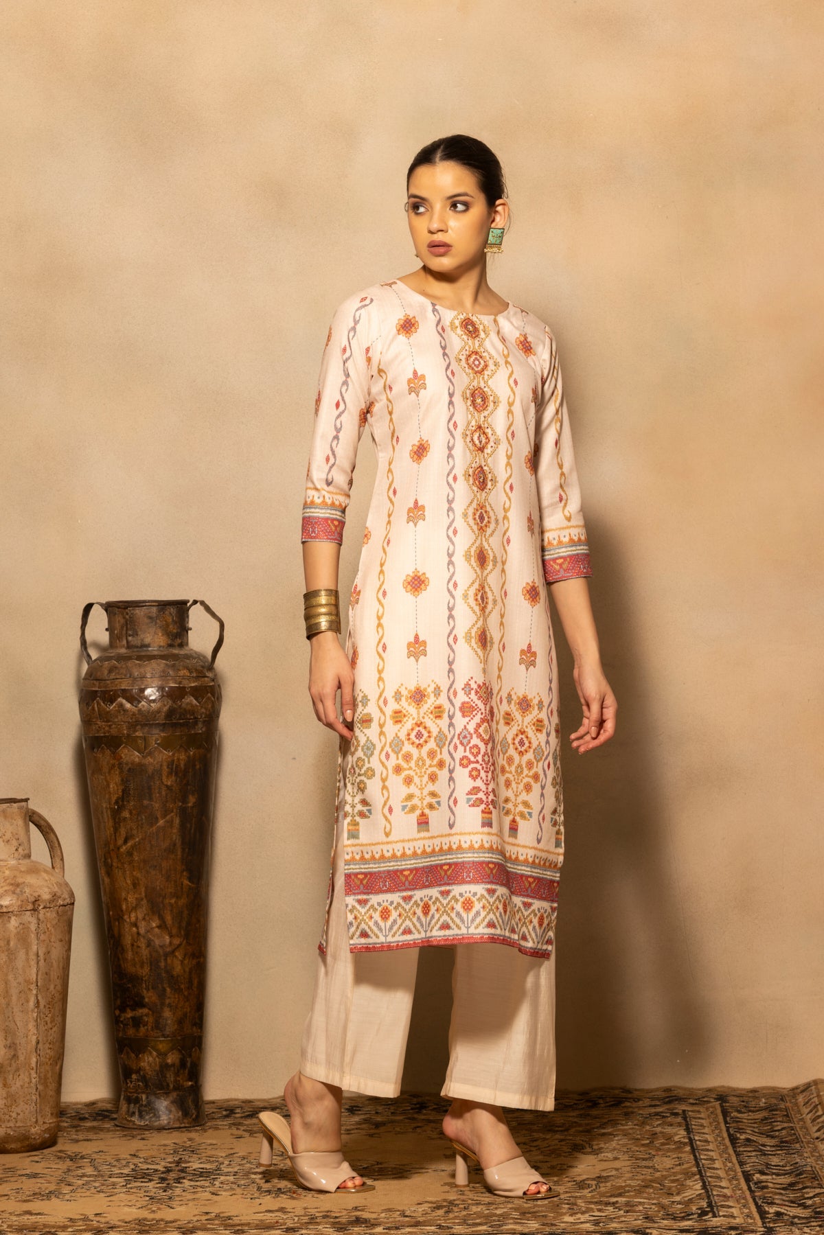 Beige Printed Kurta 3 Pcs Set