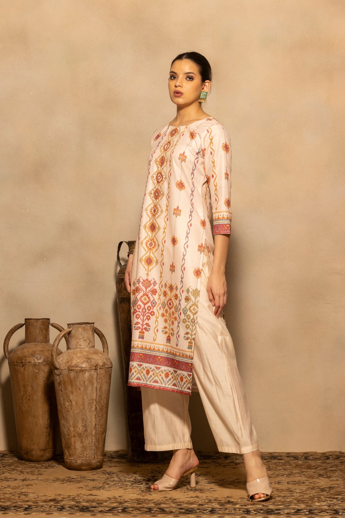 Beige Printed Kurta 3 Pcs Set