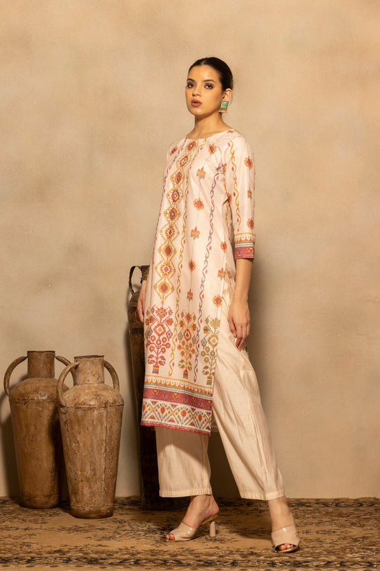 Beige Printed Kurta 3 Pcs Set