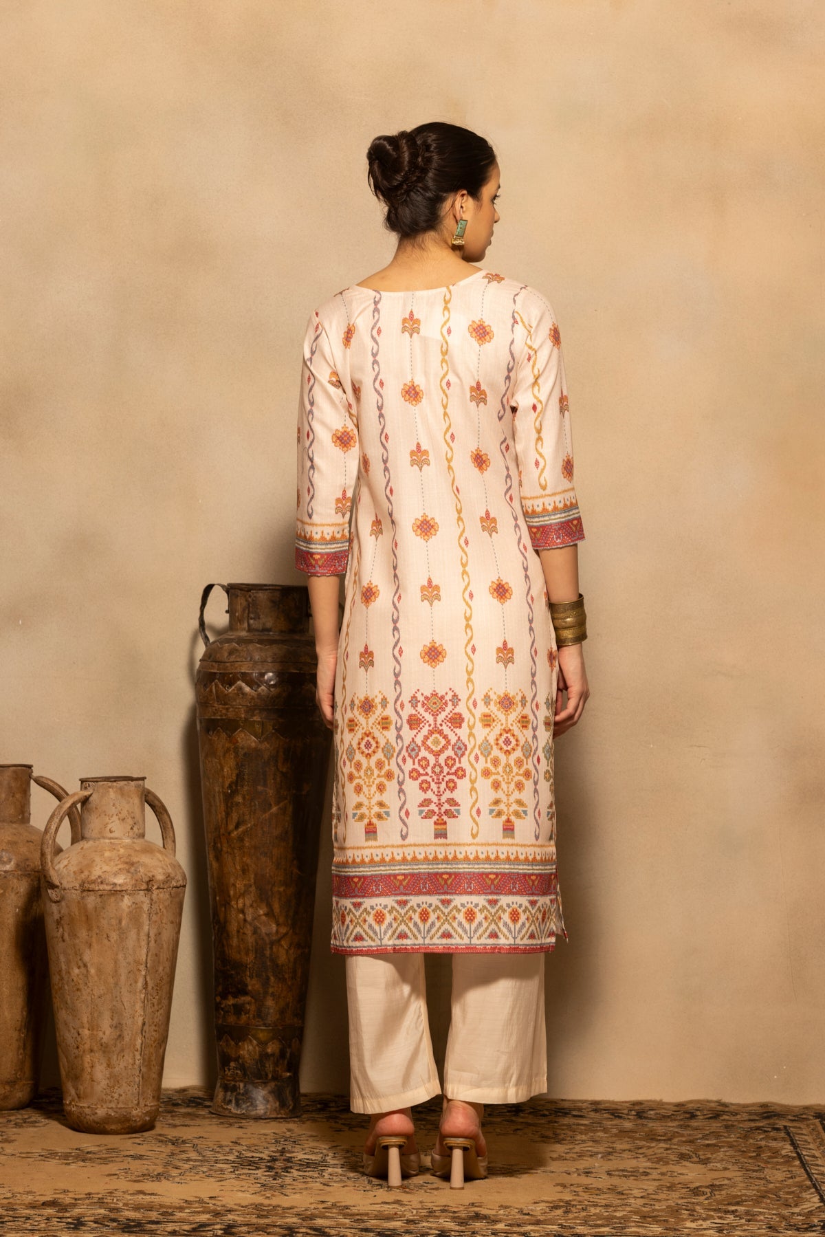 Beige Printed Kurta 3 Pcs Set