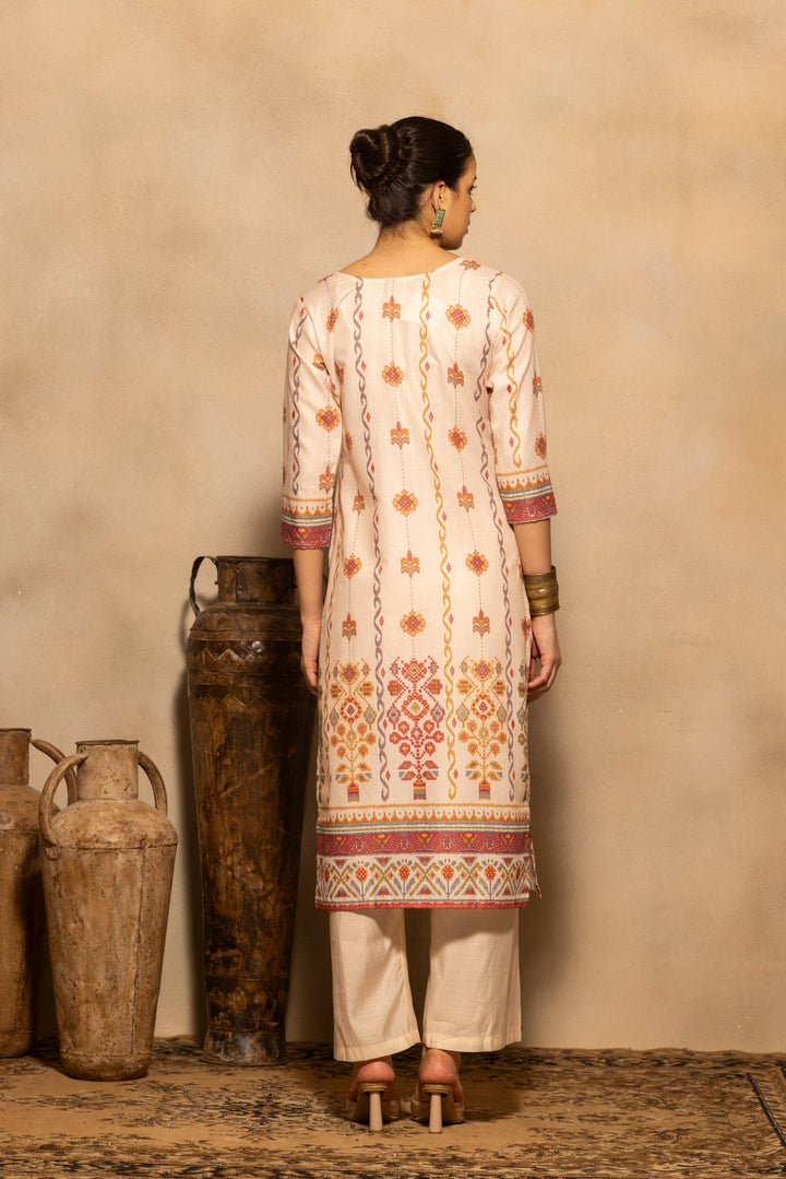 Beige Printed Kurta 3 Pcs Set