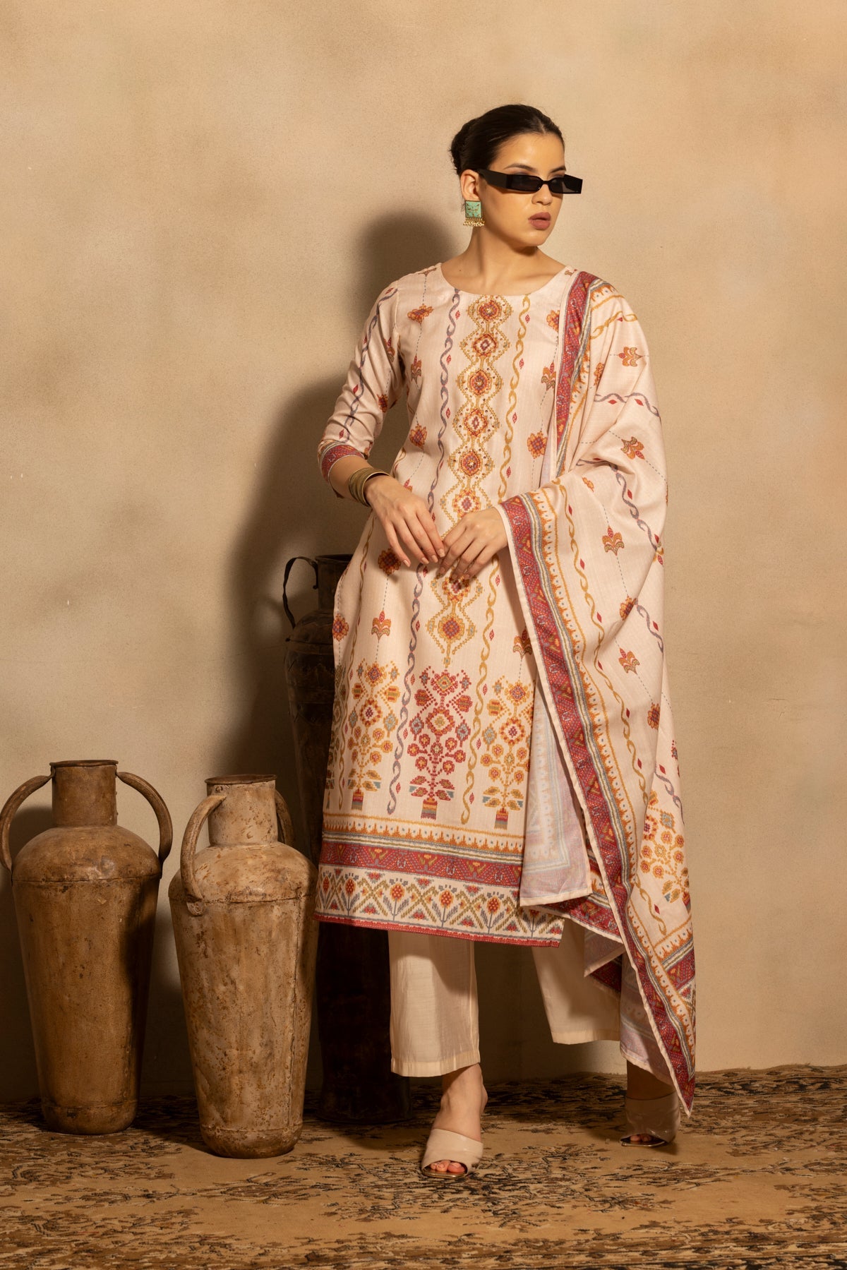 Beige Printed Kurta 3 Pcs Set
