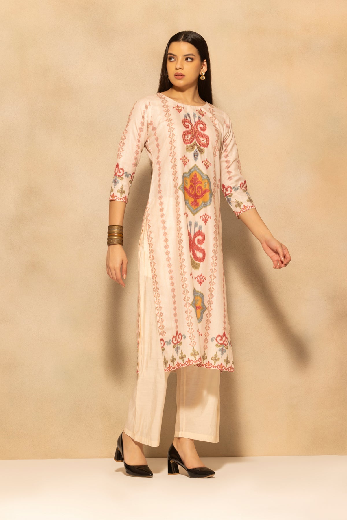 Beige Printed Kurta 3 Pcs Set