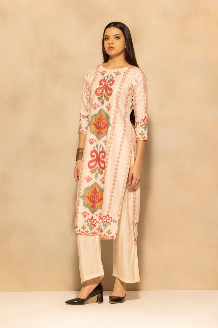 Beige Printed Kurta 3 Pcs Set