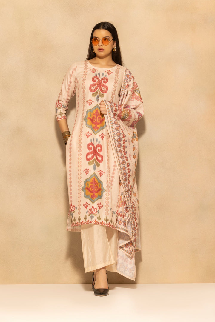 Beige Printed Kurta 3 Pcs Set