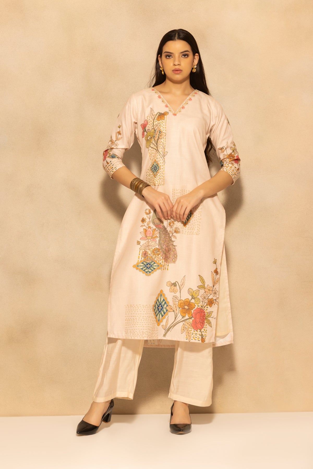 Beige Printed Kurta 3 Pcs Set