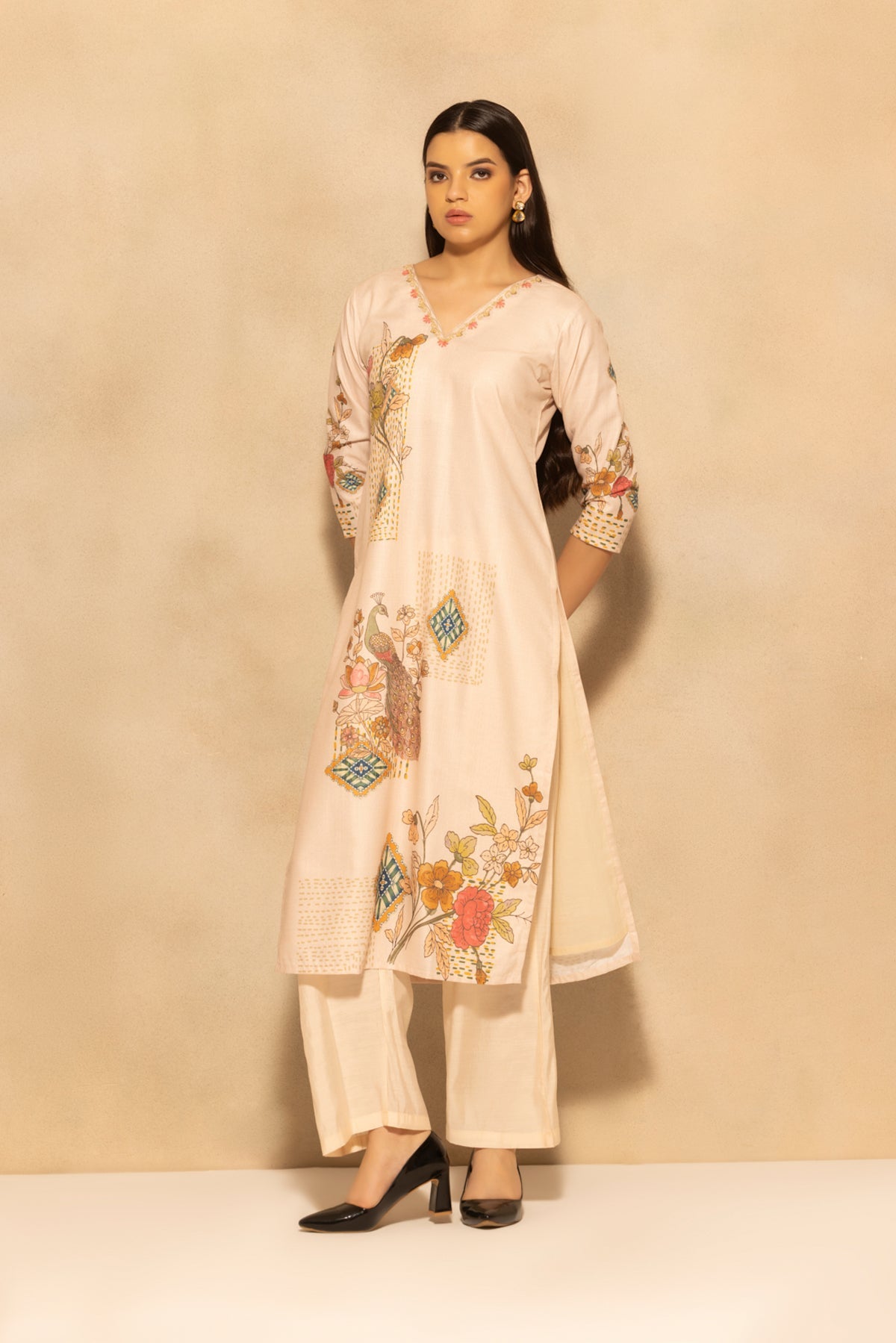 Beige Printed Kurta 3 Pcs Set