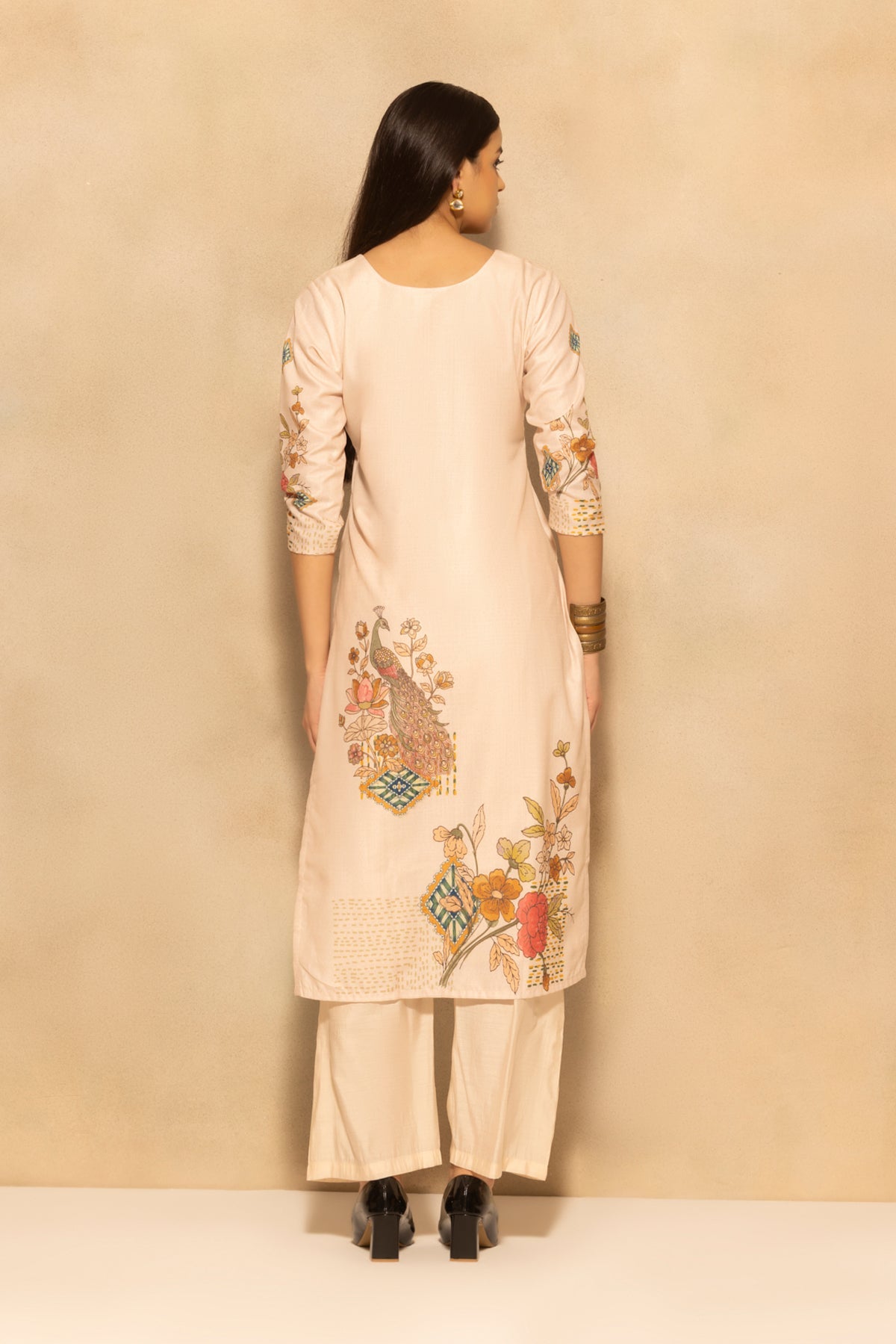 Beige Printed Kurta 3 Pcs Set