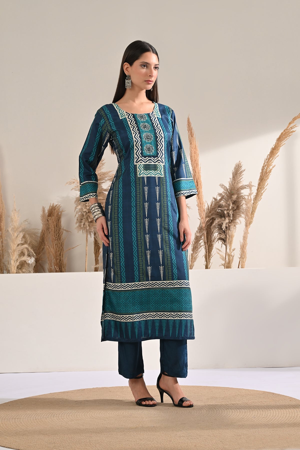 Blue Printed Kurta 3 Pcs Set