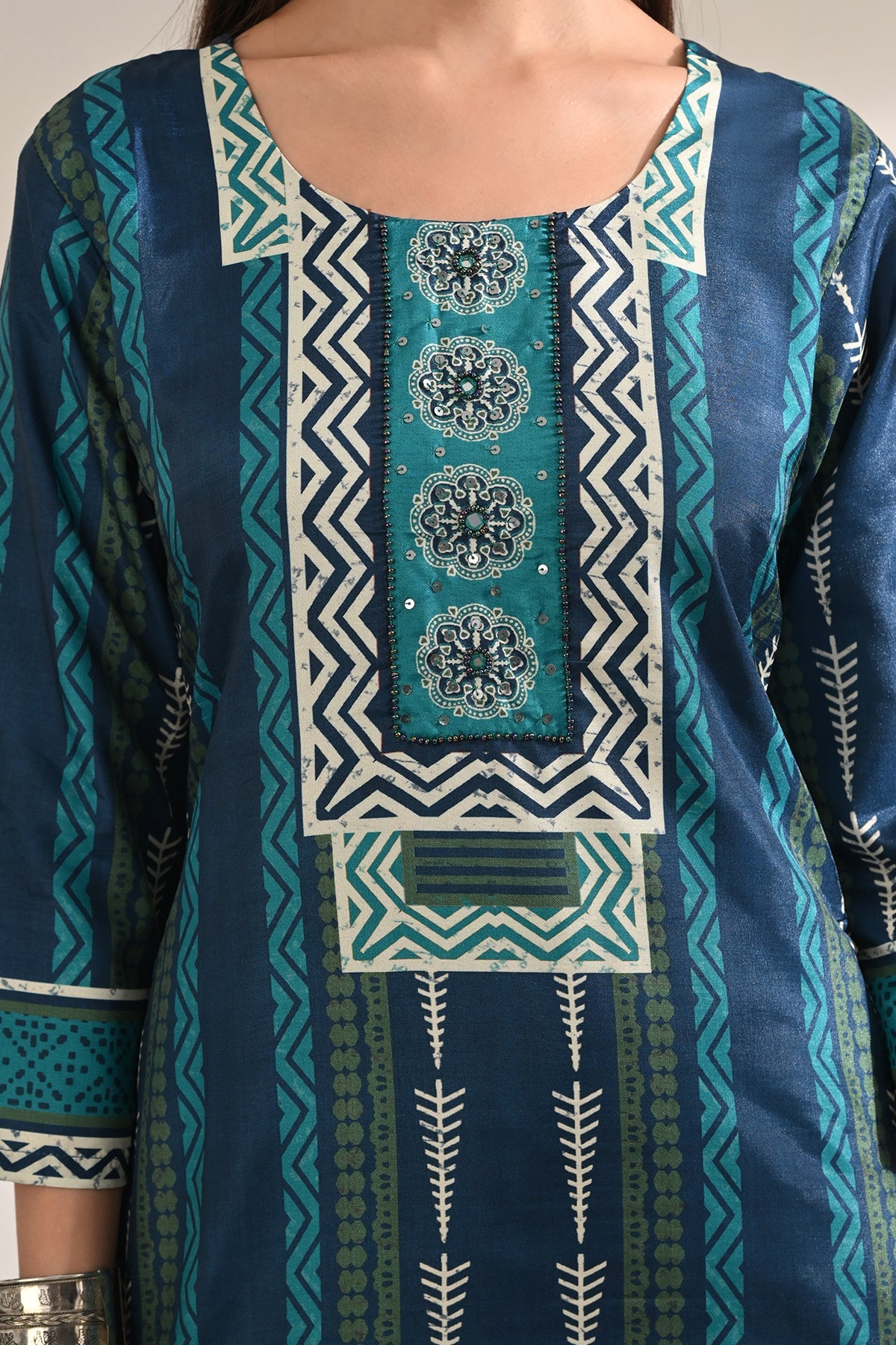 Blue Printed Kurta 3 Pcs Set