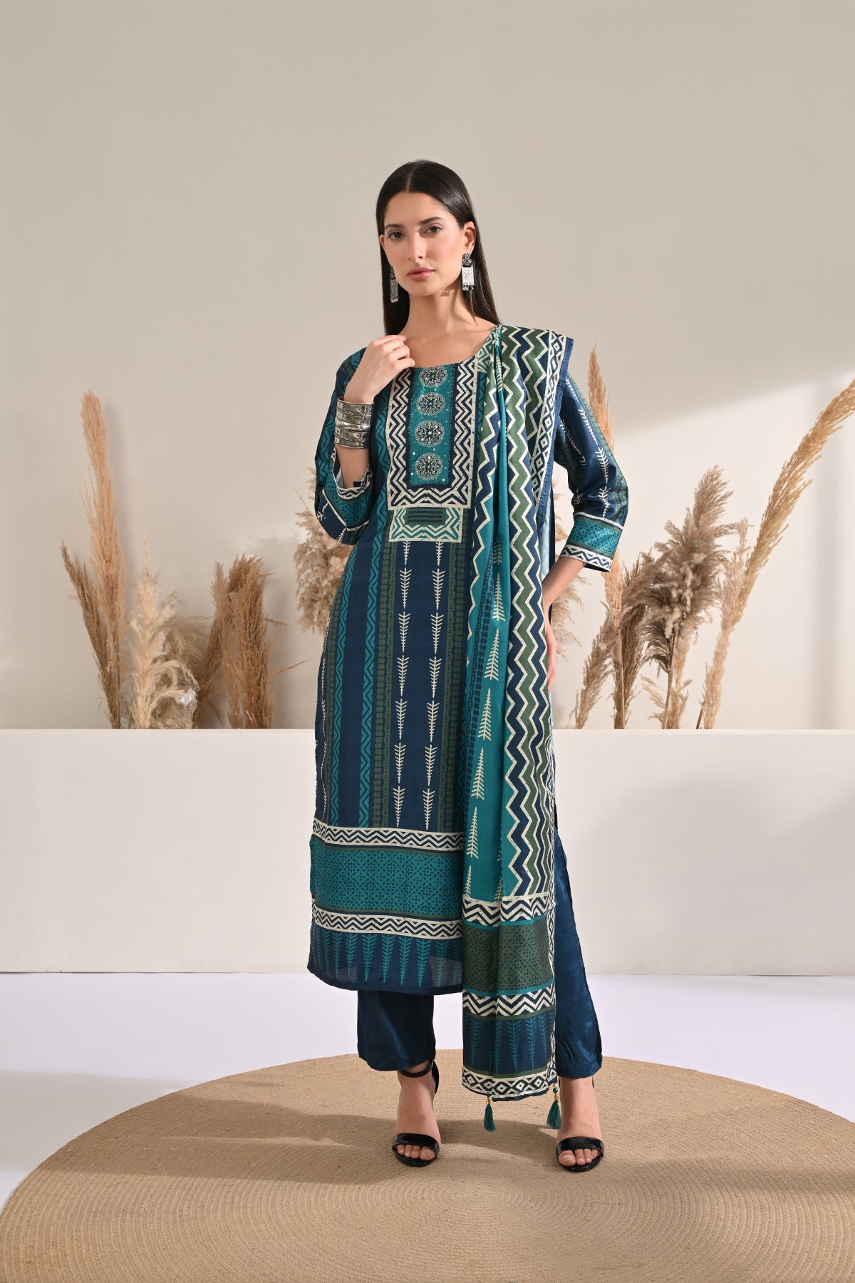 Blue Printed Kurta 3 Pcs Set