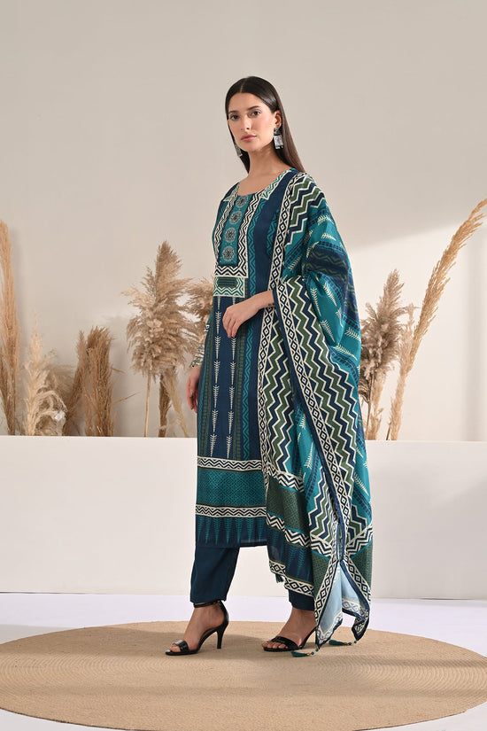 Blue Printed Kurta 3 Pcs Set