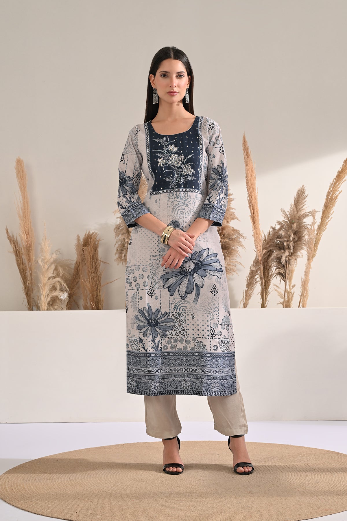 Cream Floral Printed Kurta 3 Pcs Set