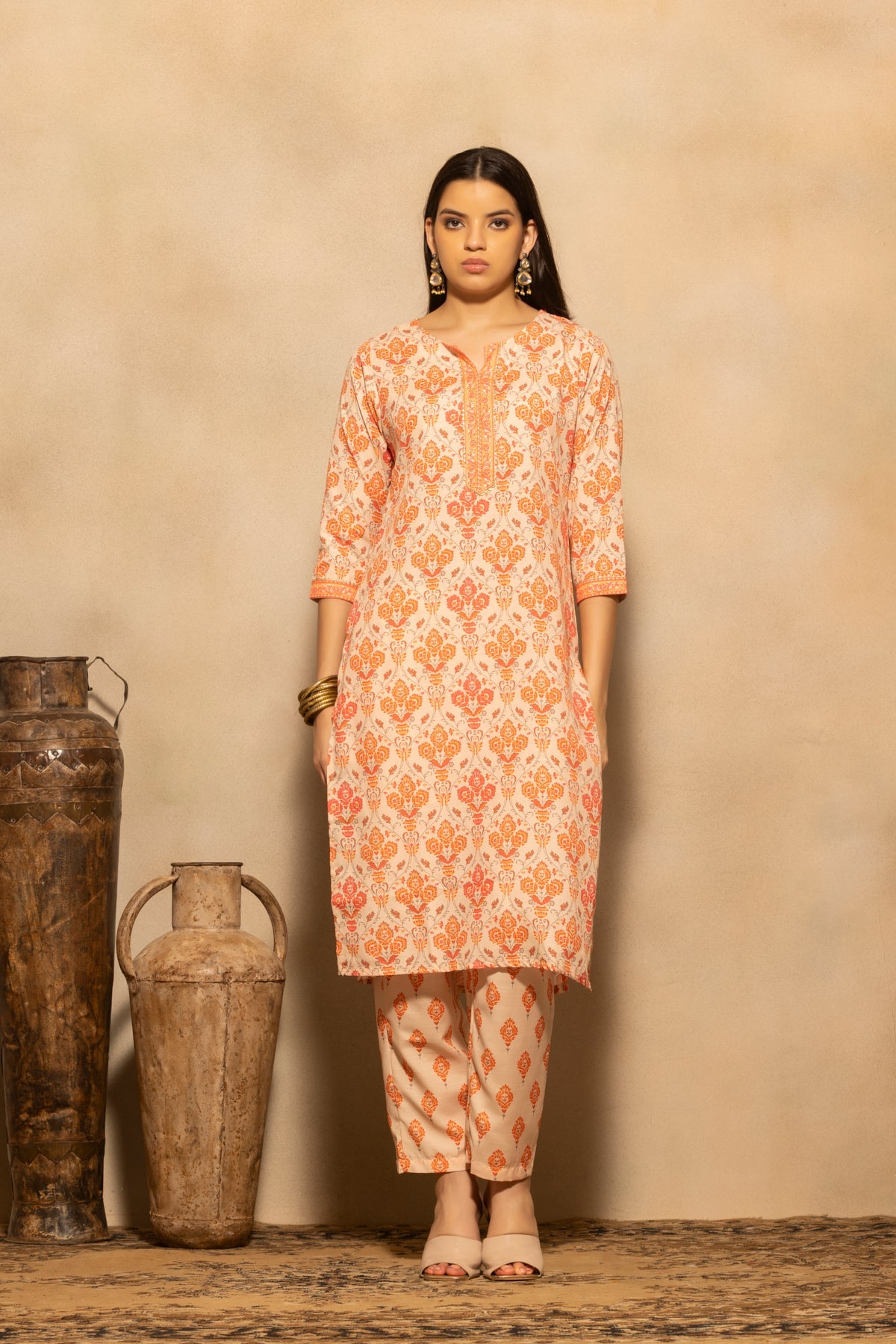 Orange Printed Kurta 3 Pcs Set