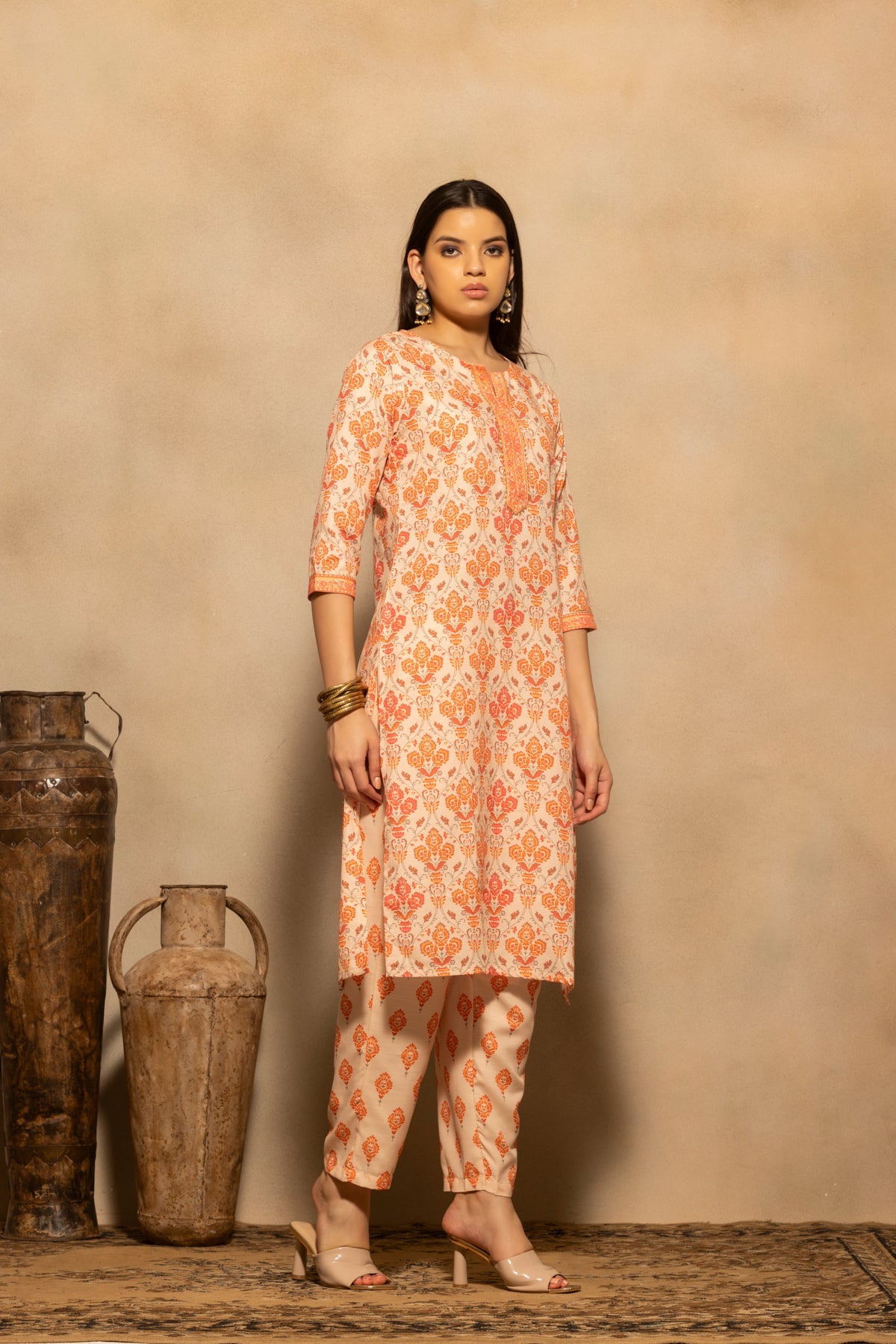 Orange Printed Kurta 3 Pcs Set