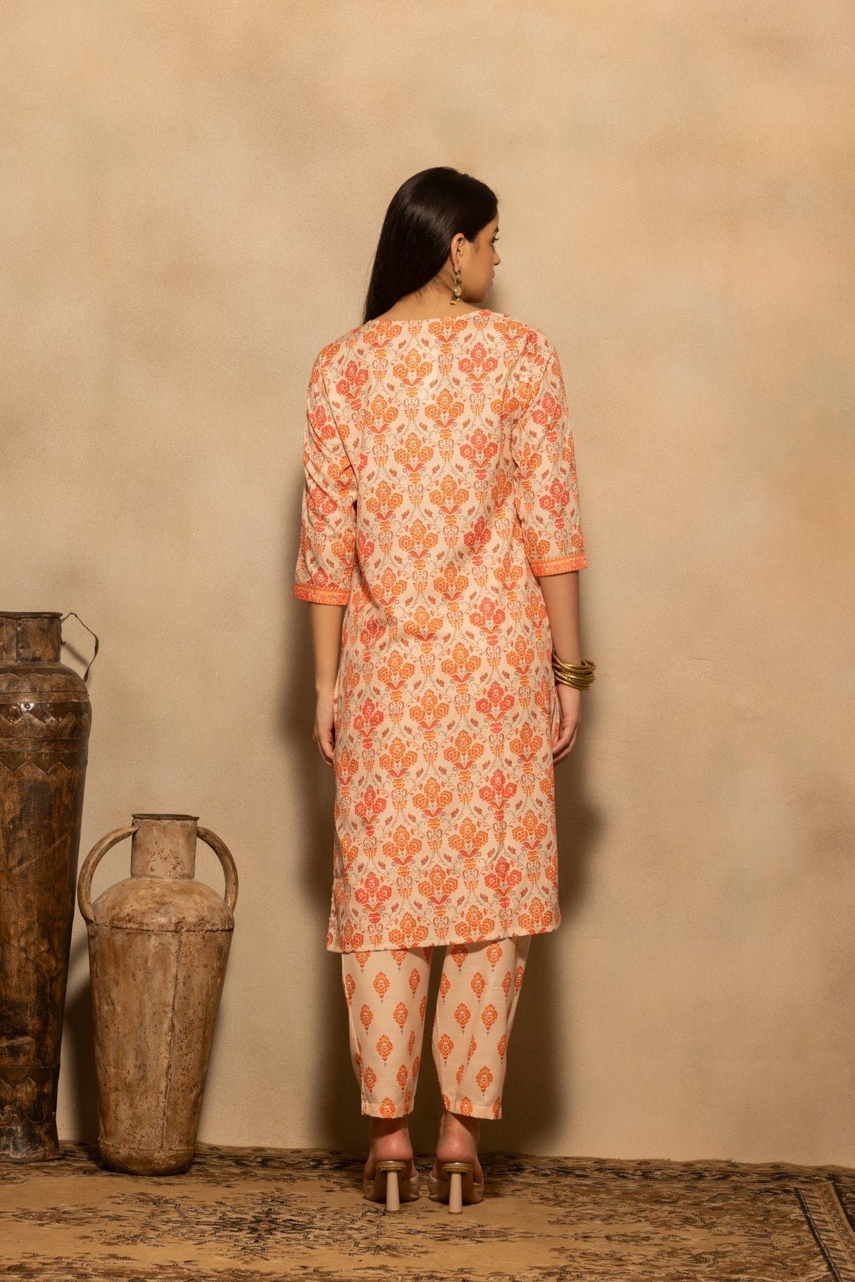 Orange Printed Kurta 3 Pcs Set