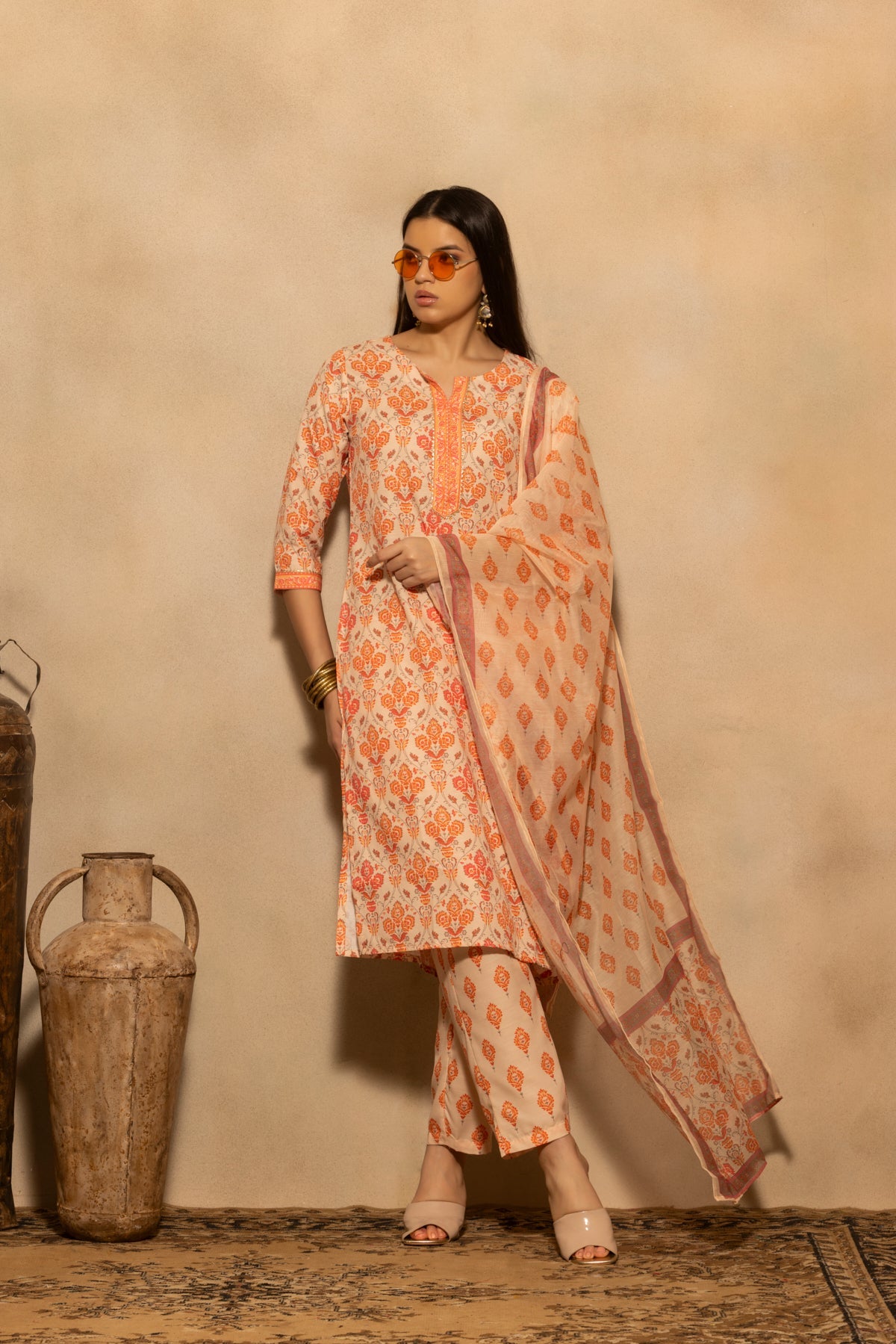 Orange Printed Kurta 3 Pcs Set